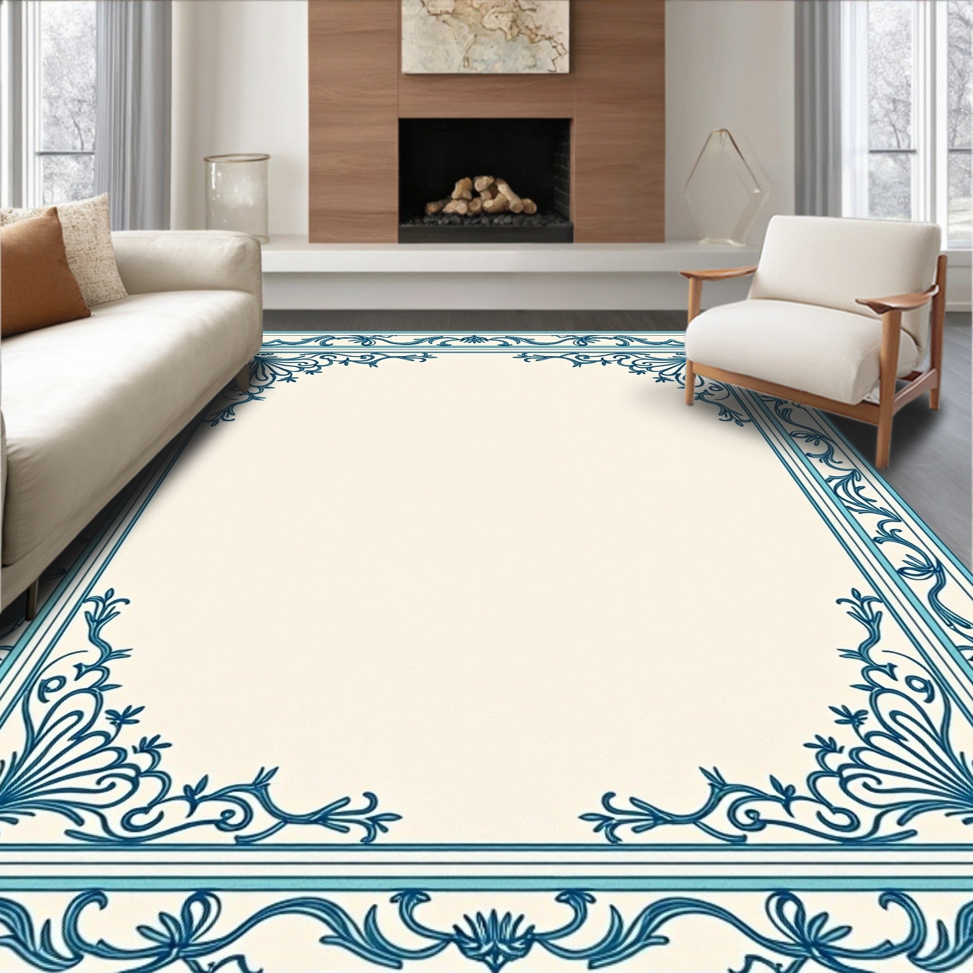 Classic Teal Vine Scroll Border Design Rug