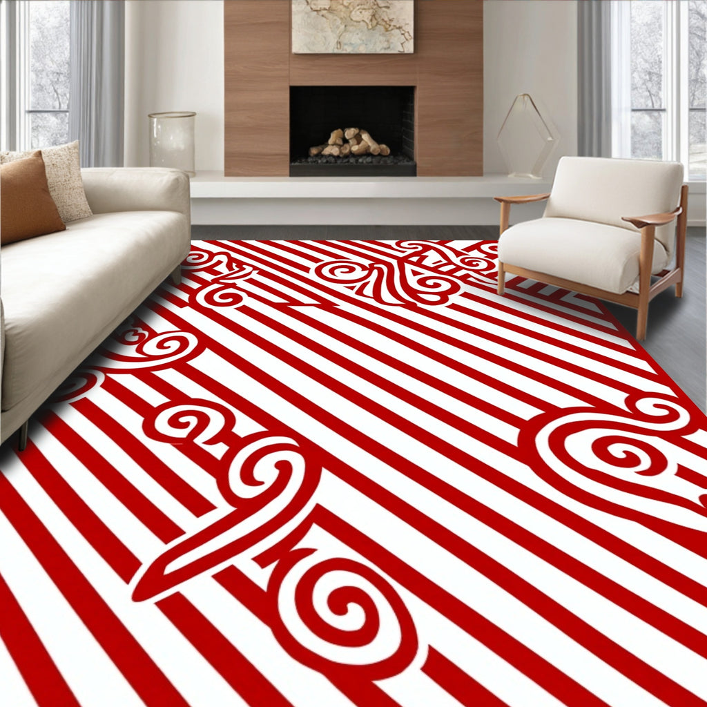 Red White Swirling Vine Diagonal Stripes Rug