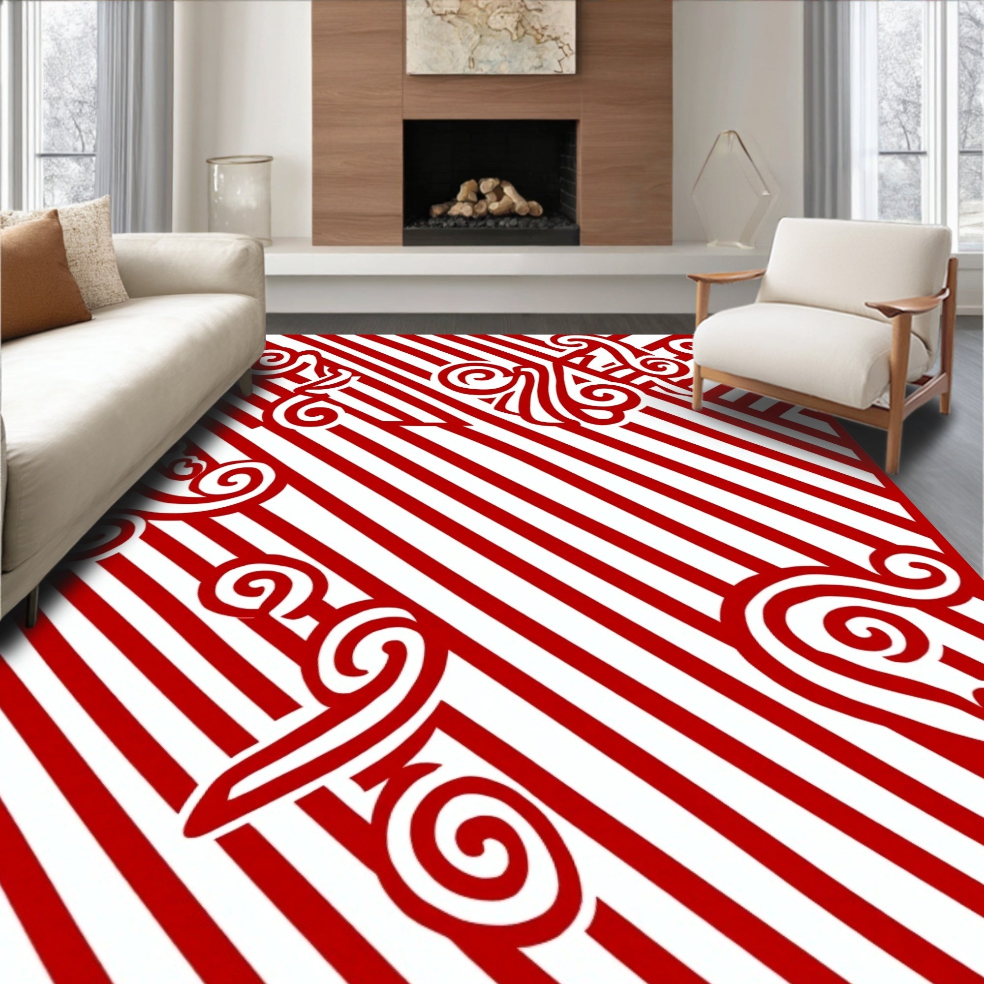 Red White Swirling Vine Diagonal Stripes Rug