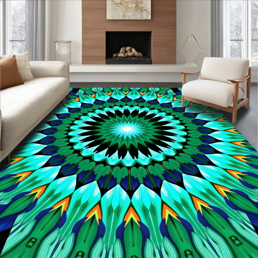 Intricate Green Blue Radiant Mandala Design Rug