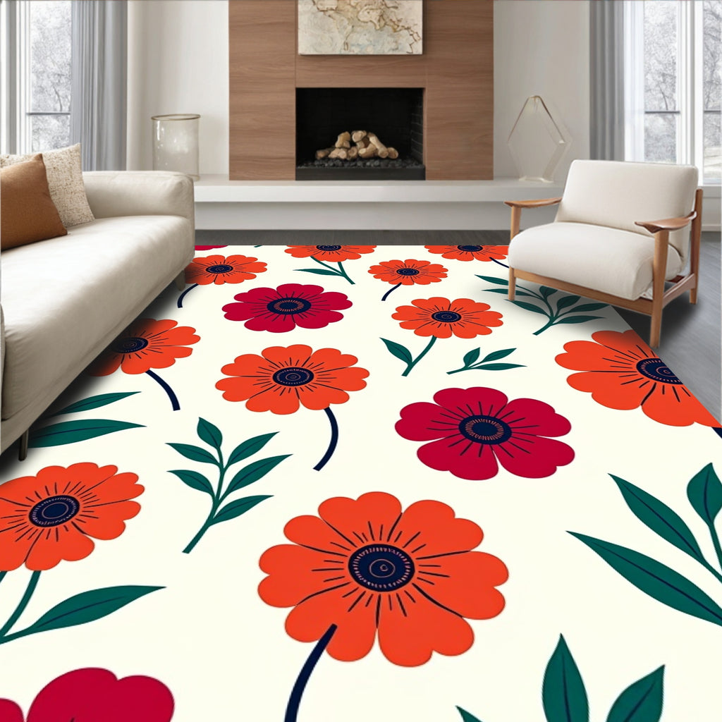 Bold Crimson Orange Floral Pattern Rug