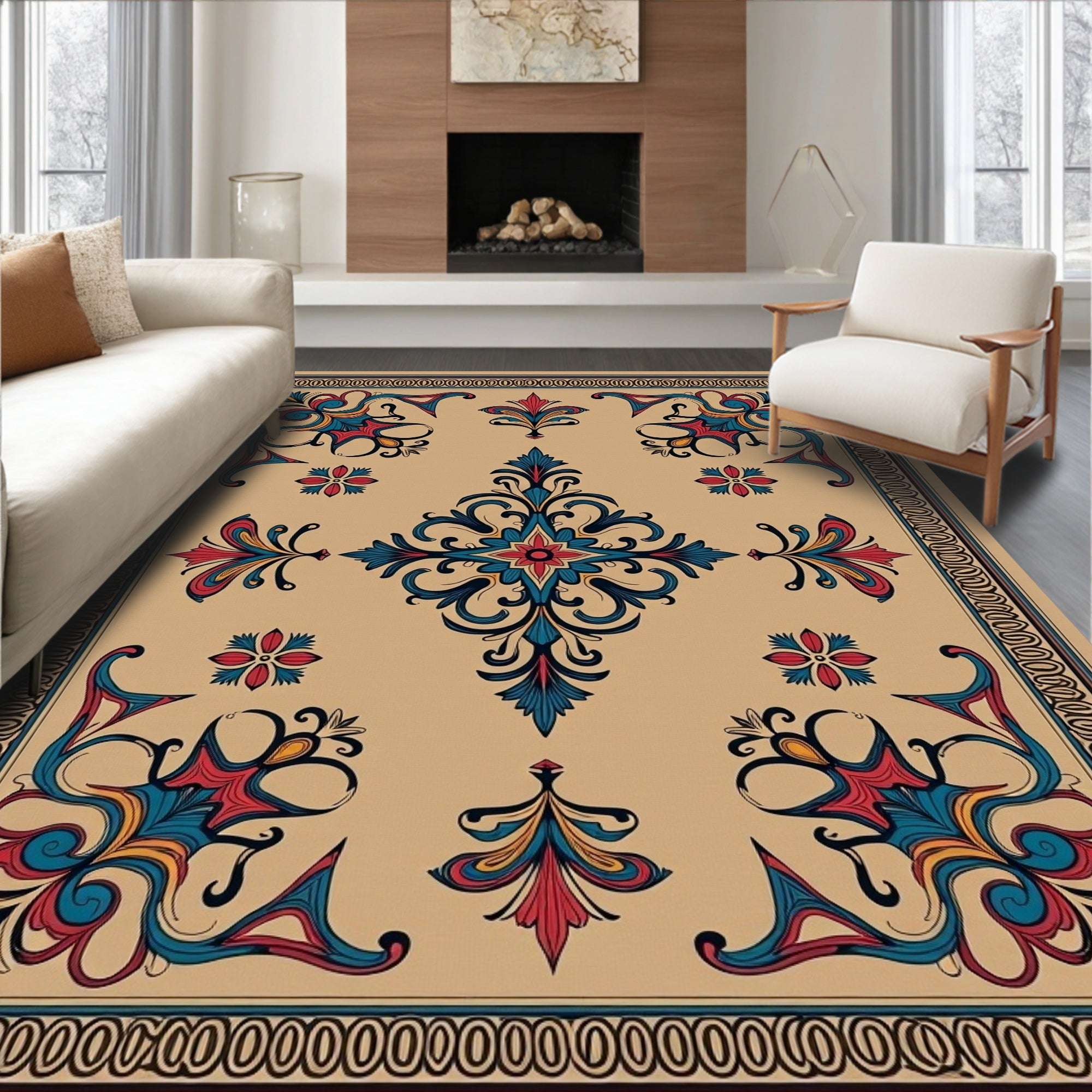 Rich Blue Red Floral Medallion Design Rug