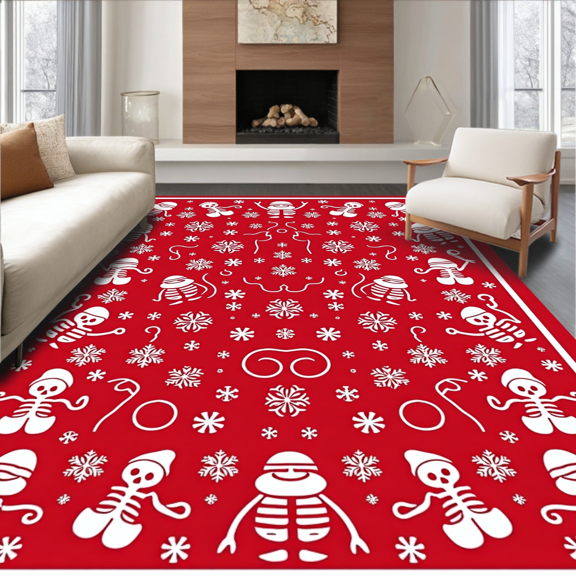 Whimsical Skeleton Snow Flake Red Rug