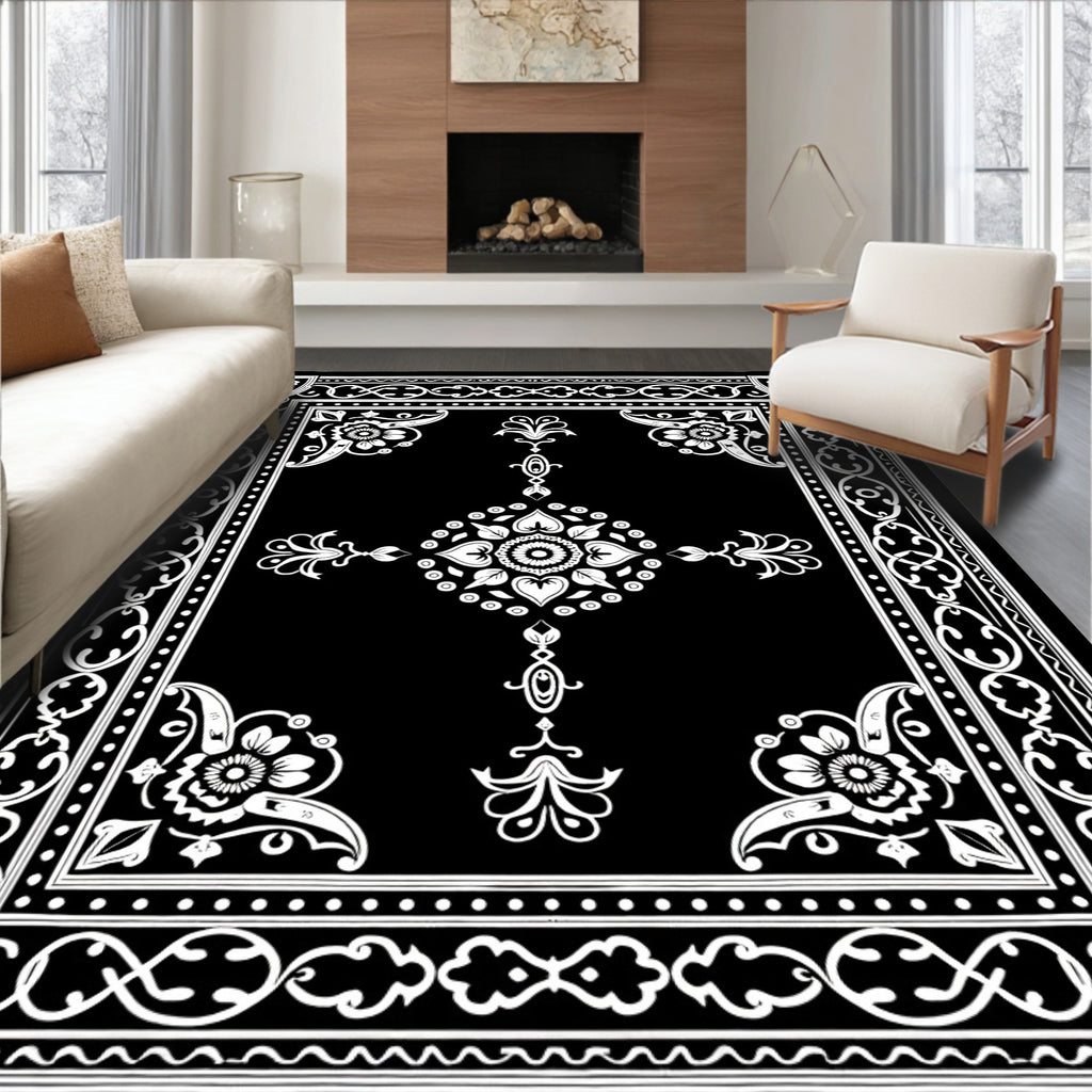 Classic Floral Medallion Black and White Rug