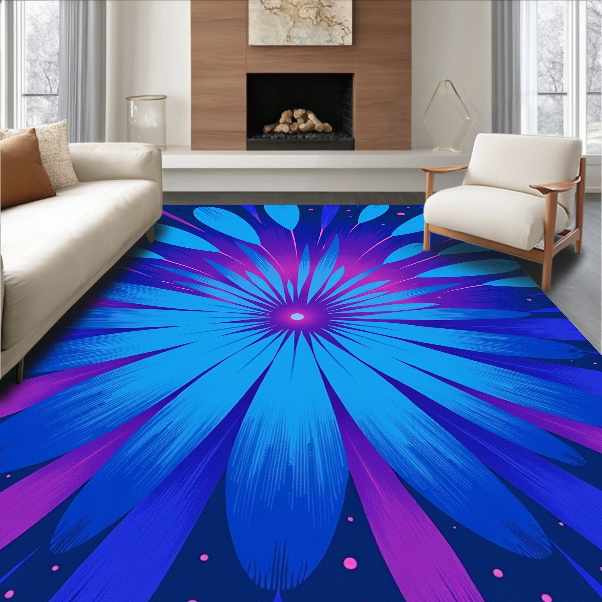 Radiant Blue Floral Burst Design Rug