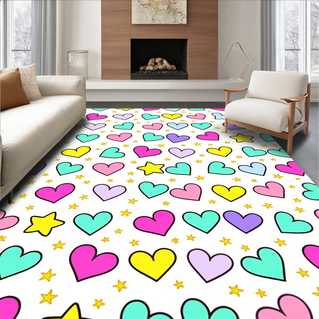 Colorful Heart Shapes Star Pattern Rug