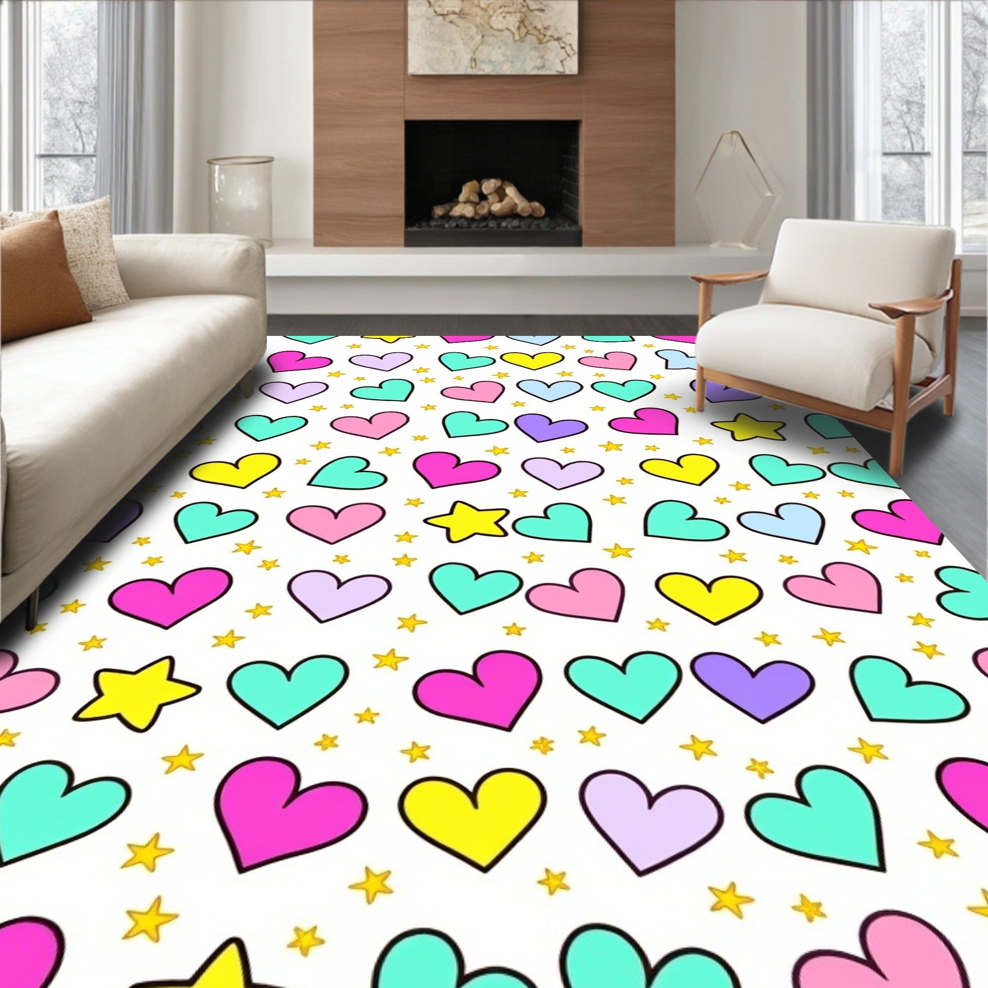 Colorful Heart Shapes Star Pattern Rug