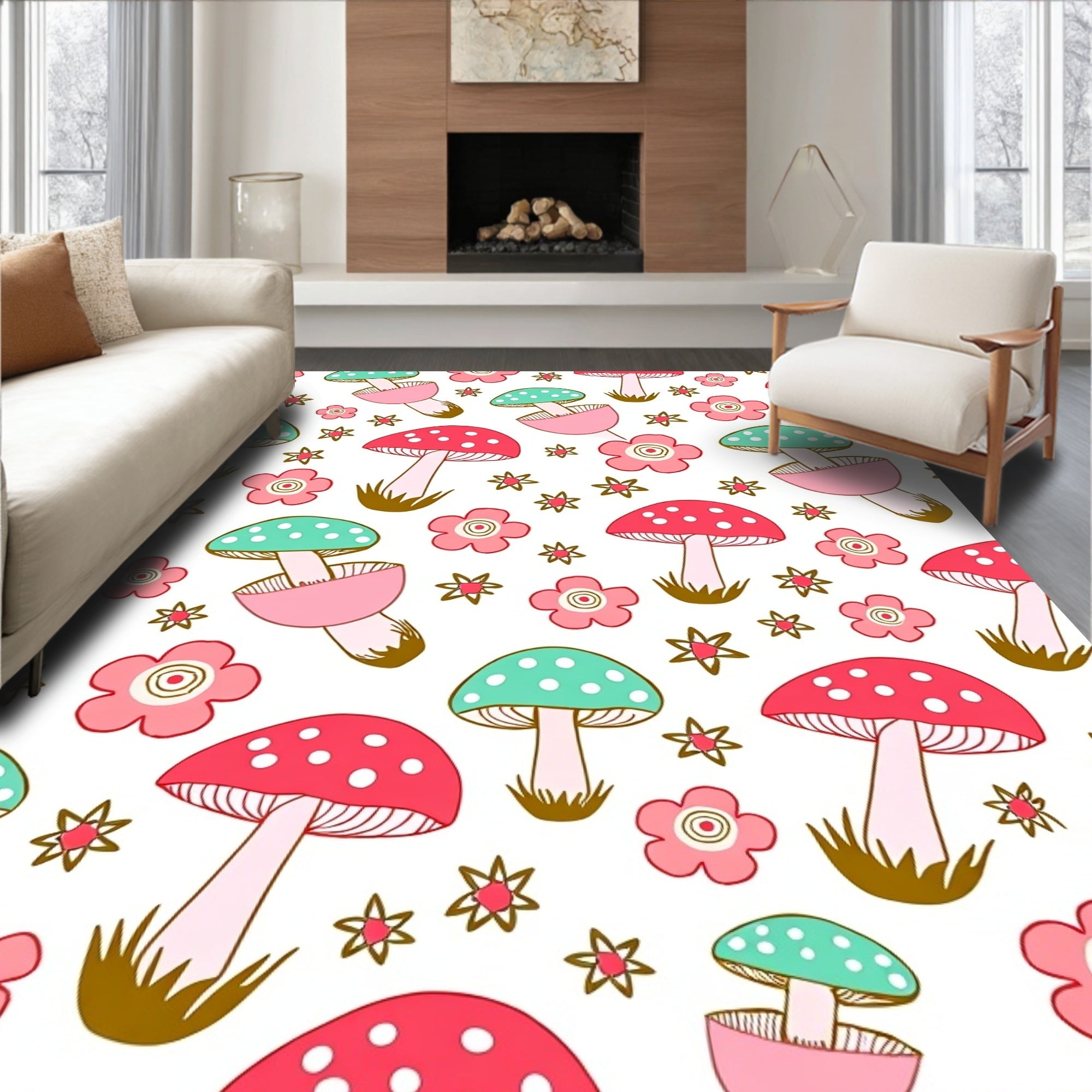 Whimsical Mushroom Flower Pattern Rug