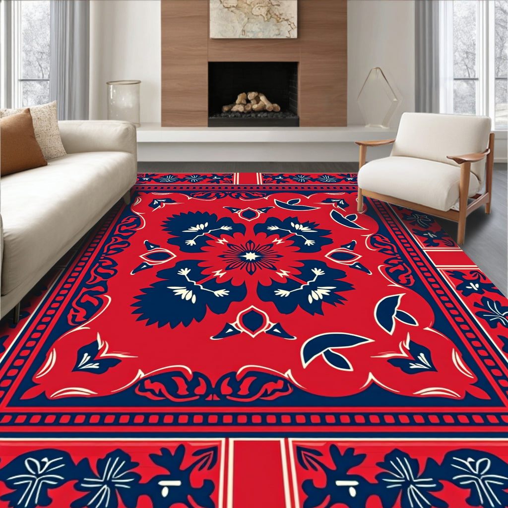 Bold Red Blue Floral Patterned Rug