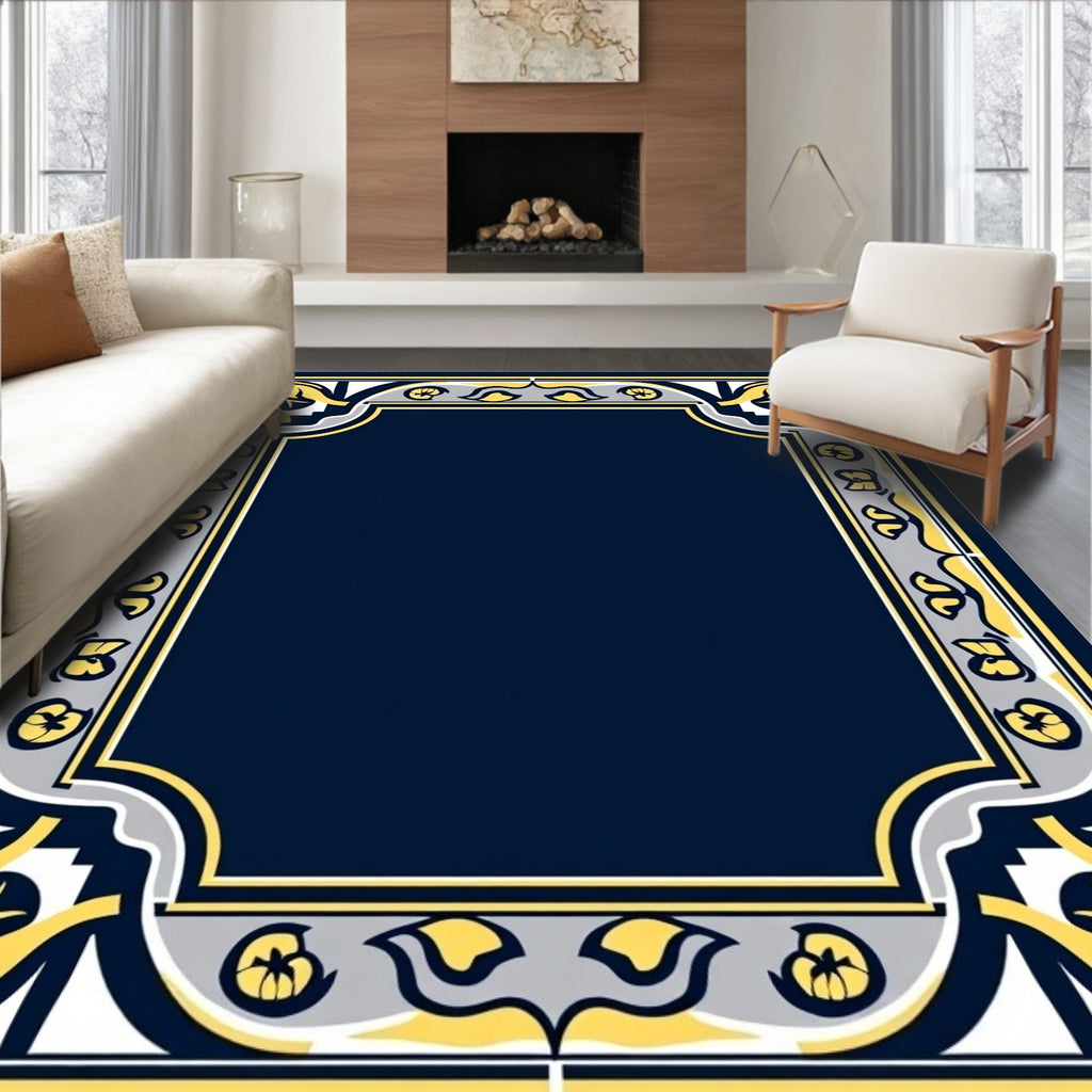 Ornate Yellow Grey Floral Border Rug