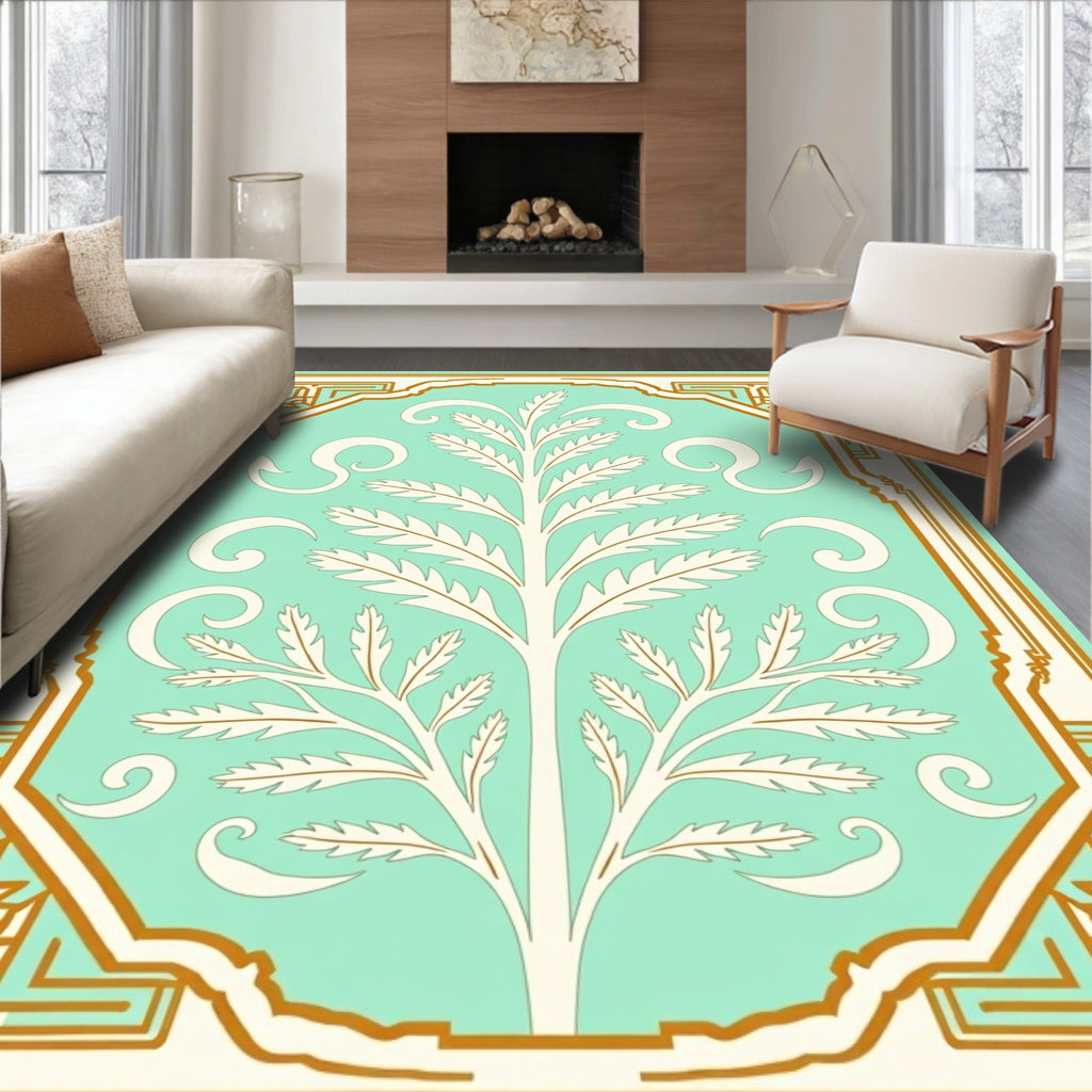 Elegant Mint Gold Tree Pattern Rug