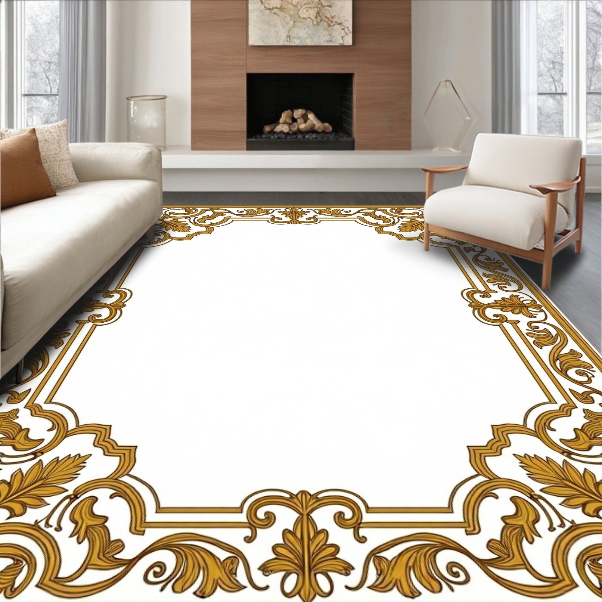 Ornate Golden Leaf Scrollwork Design Rug