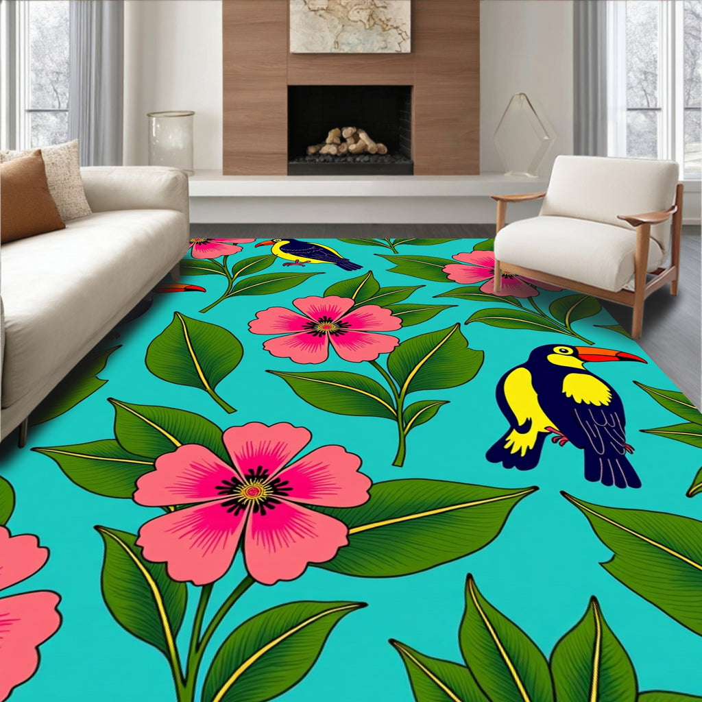 Colorful Toucan Flower Leaf Pattern Rug