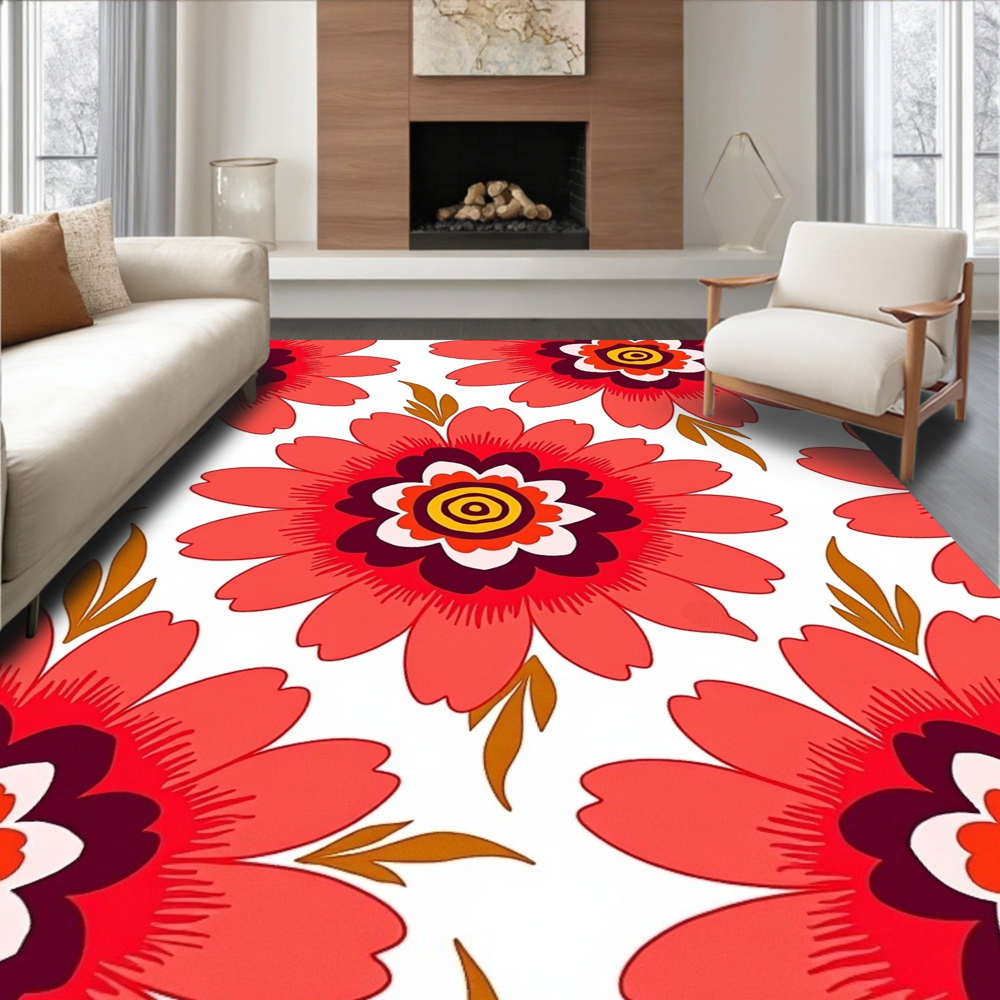 Vibrant Coral Bloom Pattern Design Rug