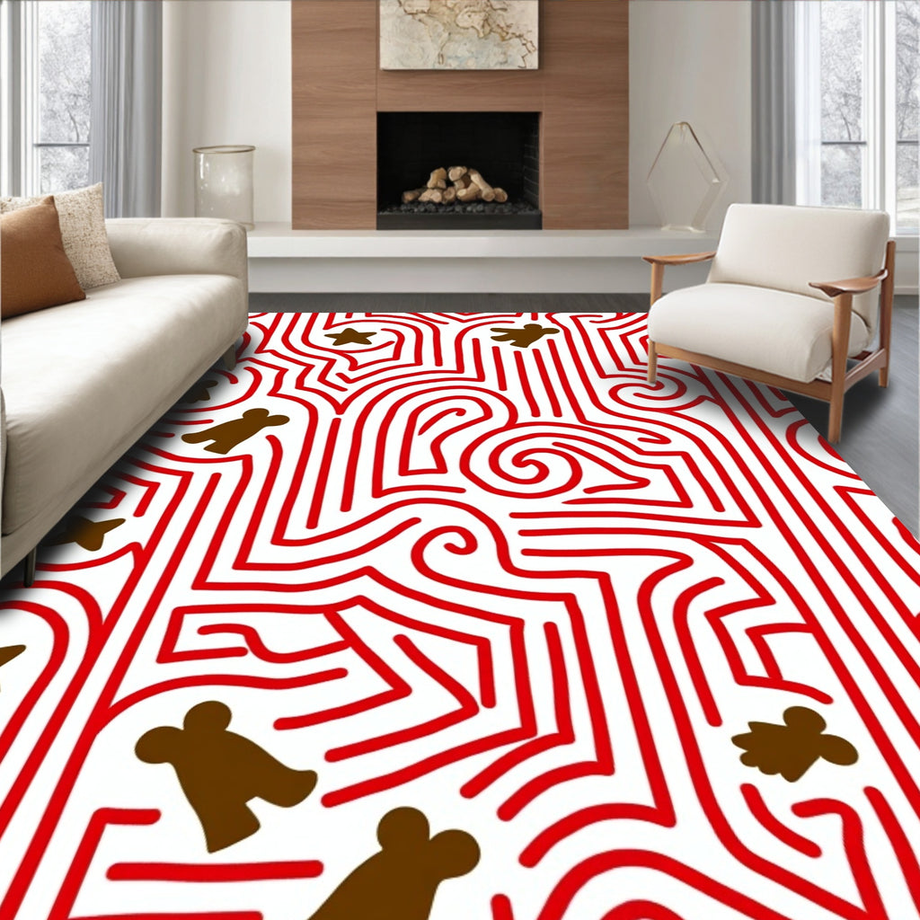Red Maze With Brown Gingerbread Figures Rug