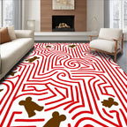 Red Maze With Brown Gingerbread Figures Rug