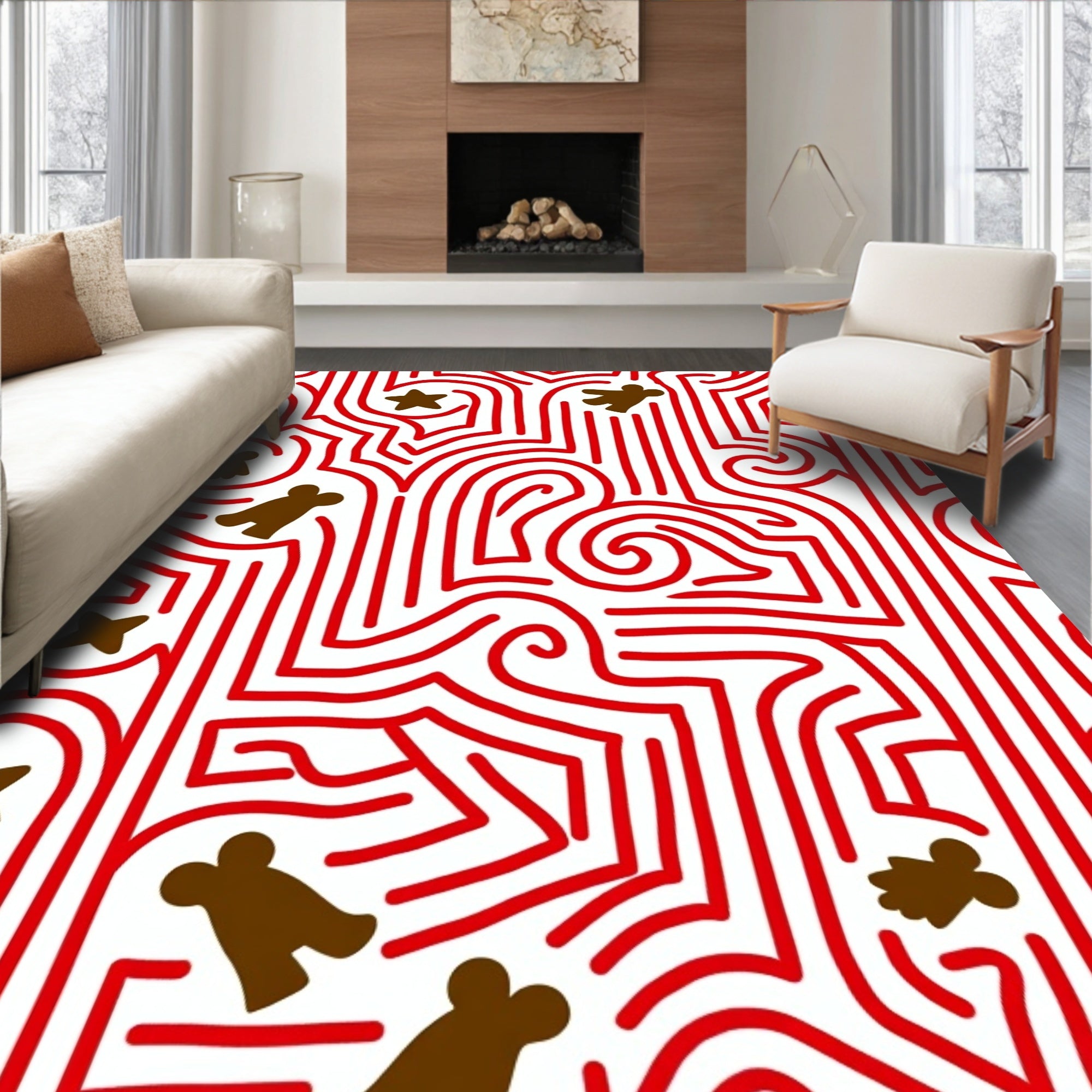 Red Maze With Brown Gingerbread Figures Rug
