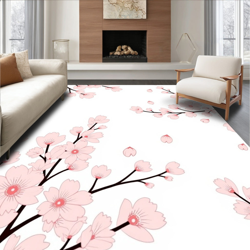 Pink Cherry Blossom Branch Pattern Rug