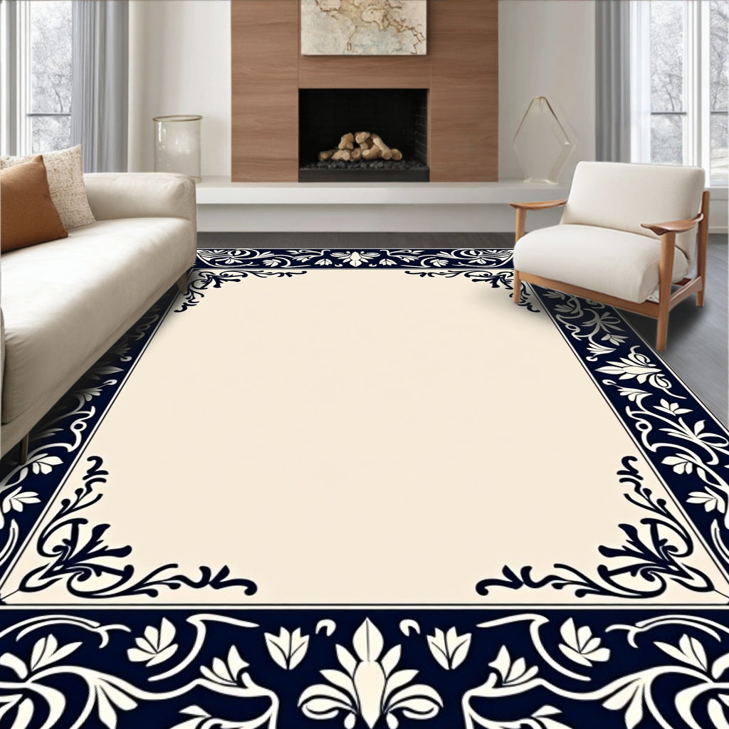 Dark Blue Floral Classic Border Rug