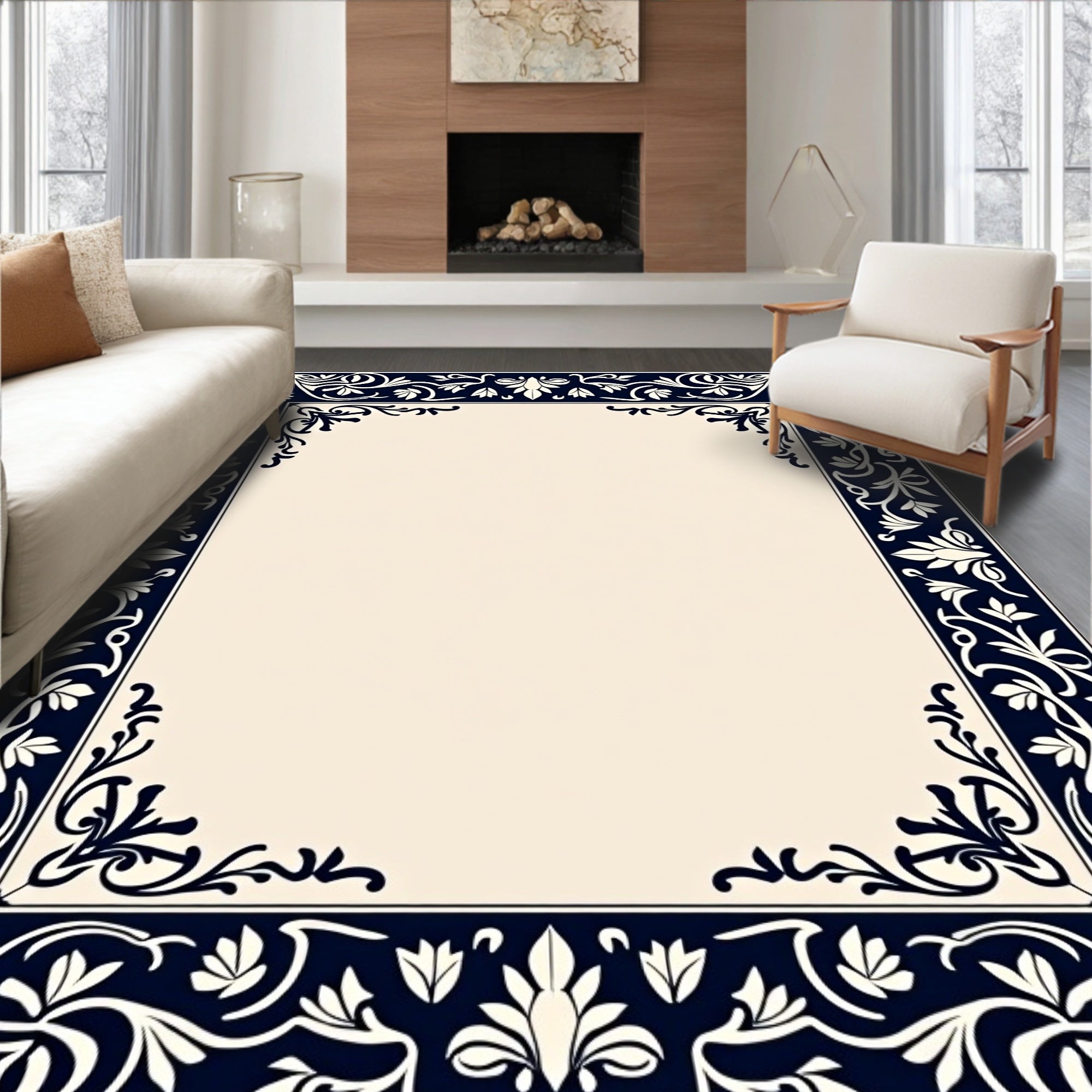 Dark Blue Floral Classic Border Rug