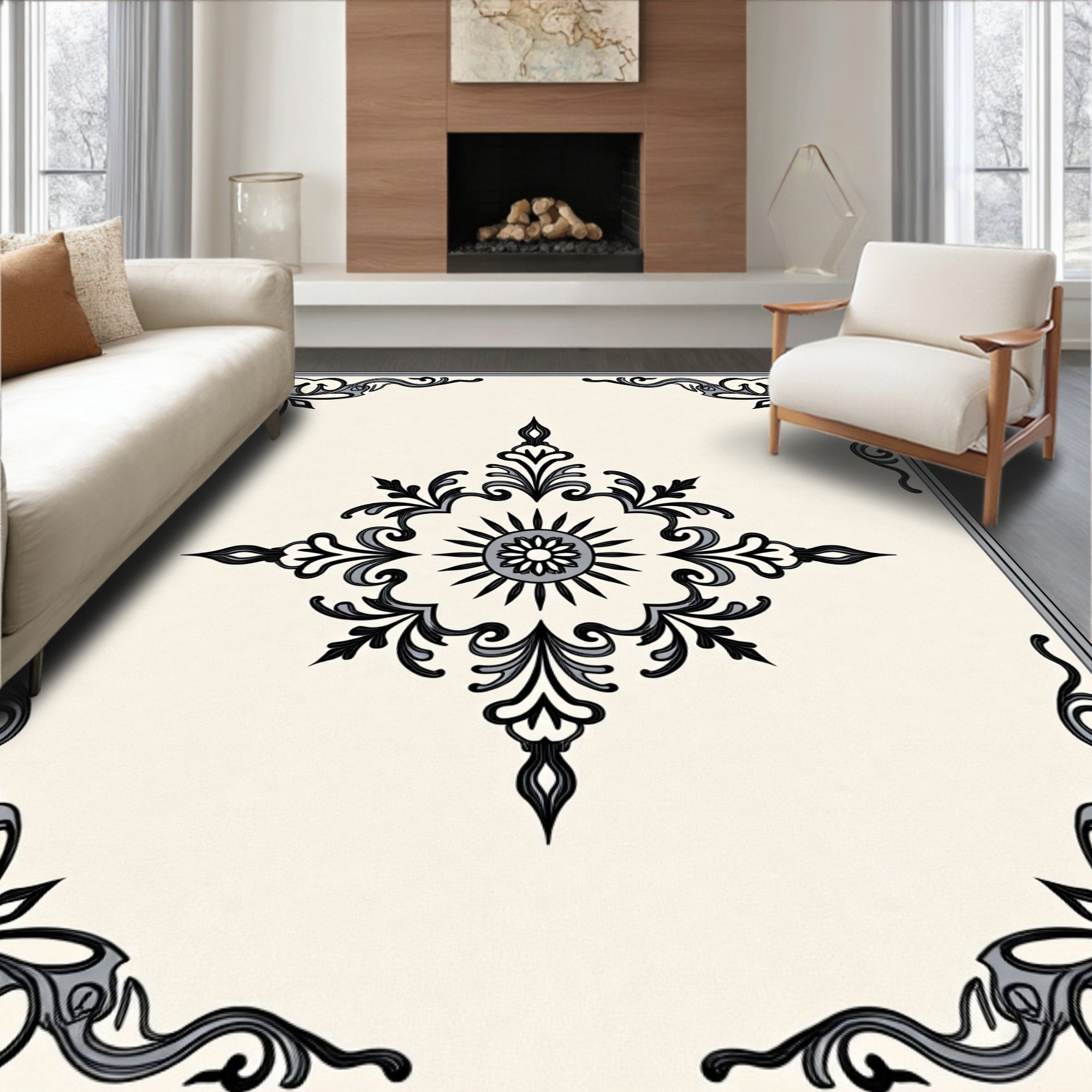 Ornate Sunburst Scrollwork Design Rug