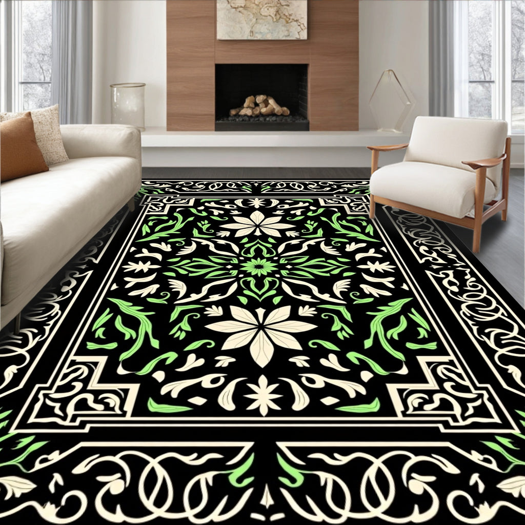 Black Botanical Floral Vine Rug