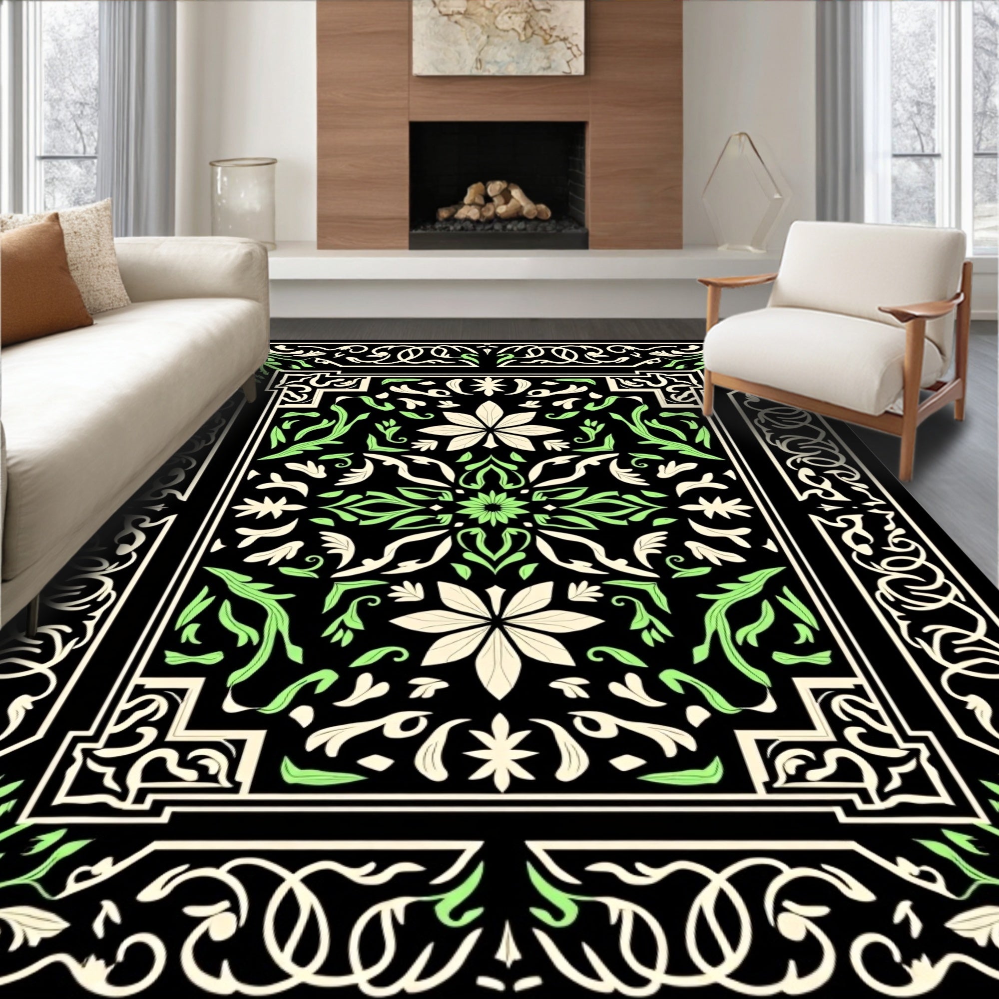 Black Botanical Floral Vine Rug