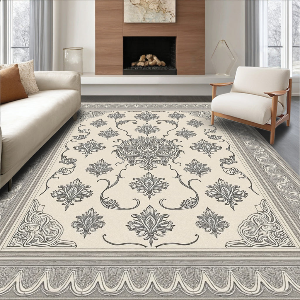 Ornate Floral Scrollwork Detailed Frame Rug