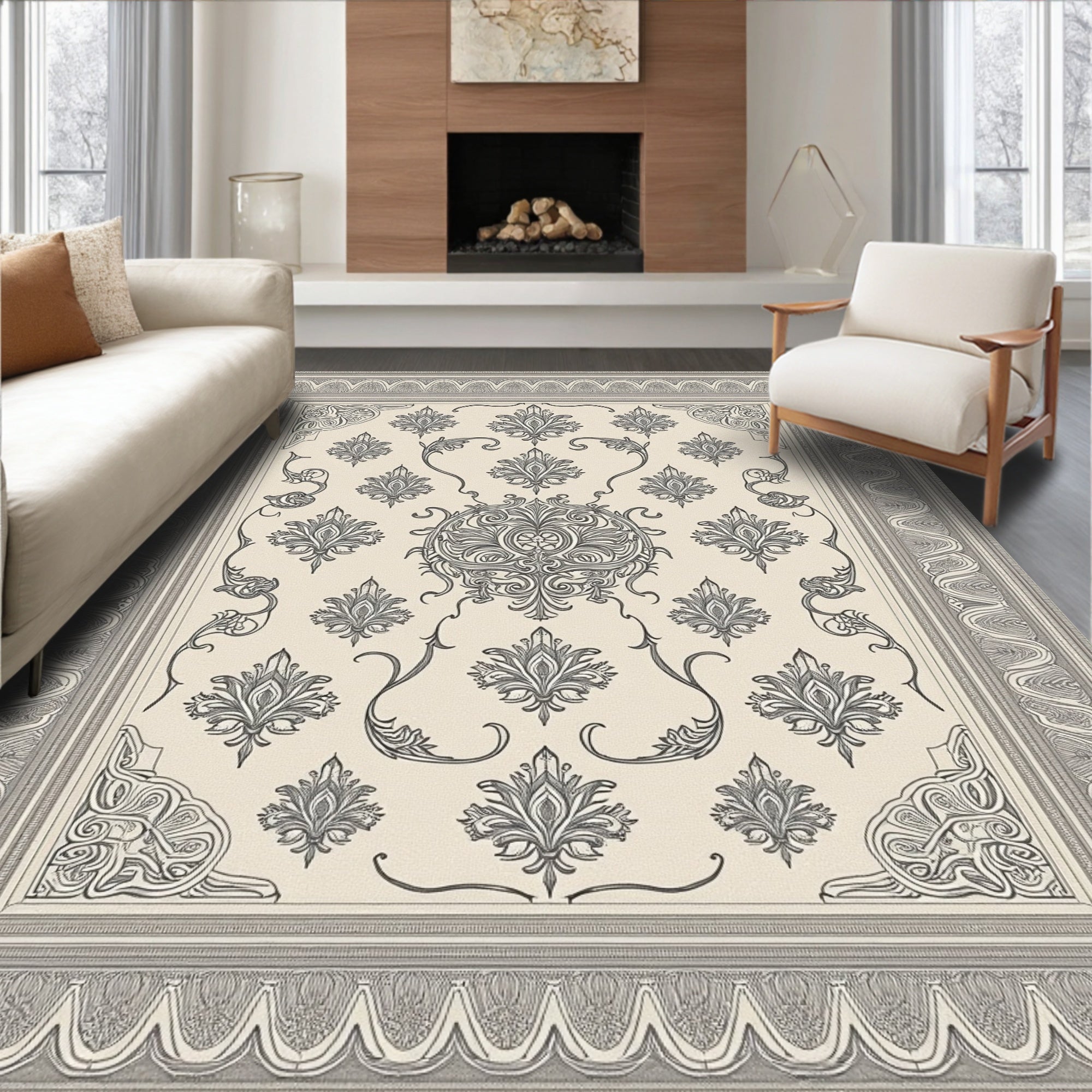 Ornate Floral Scrollwork Detailed Frame Rug