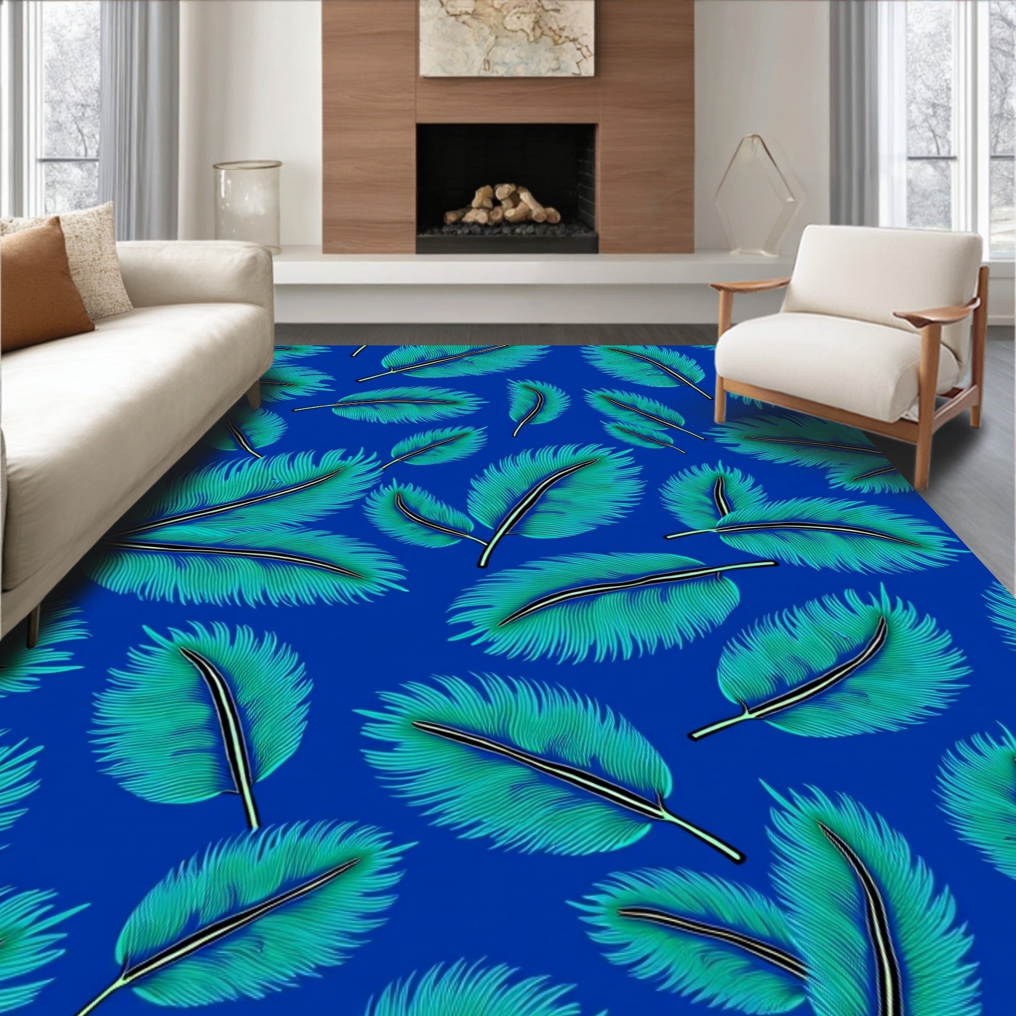 Teal Feather Pattern Rug