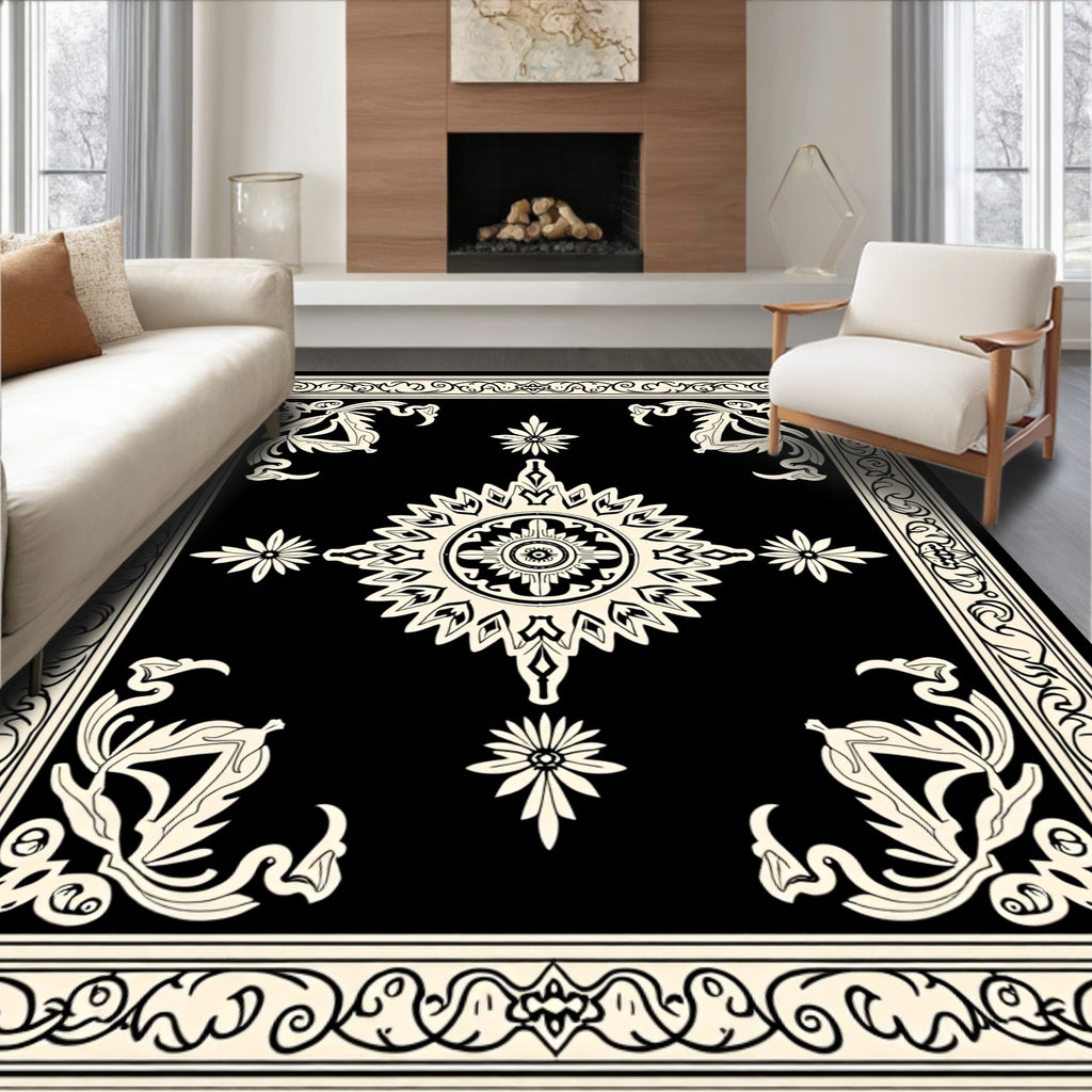 Black Cream Floral Mandala Pattern Rug