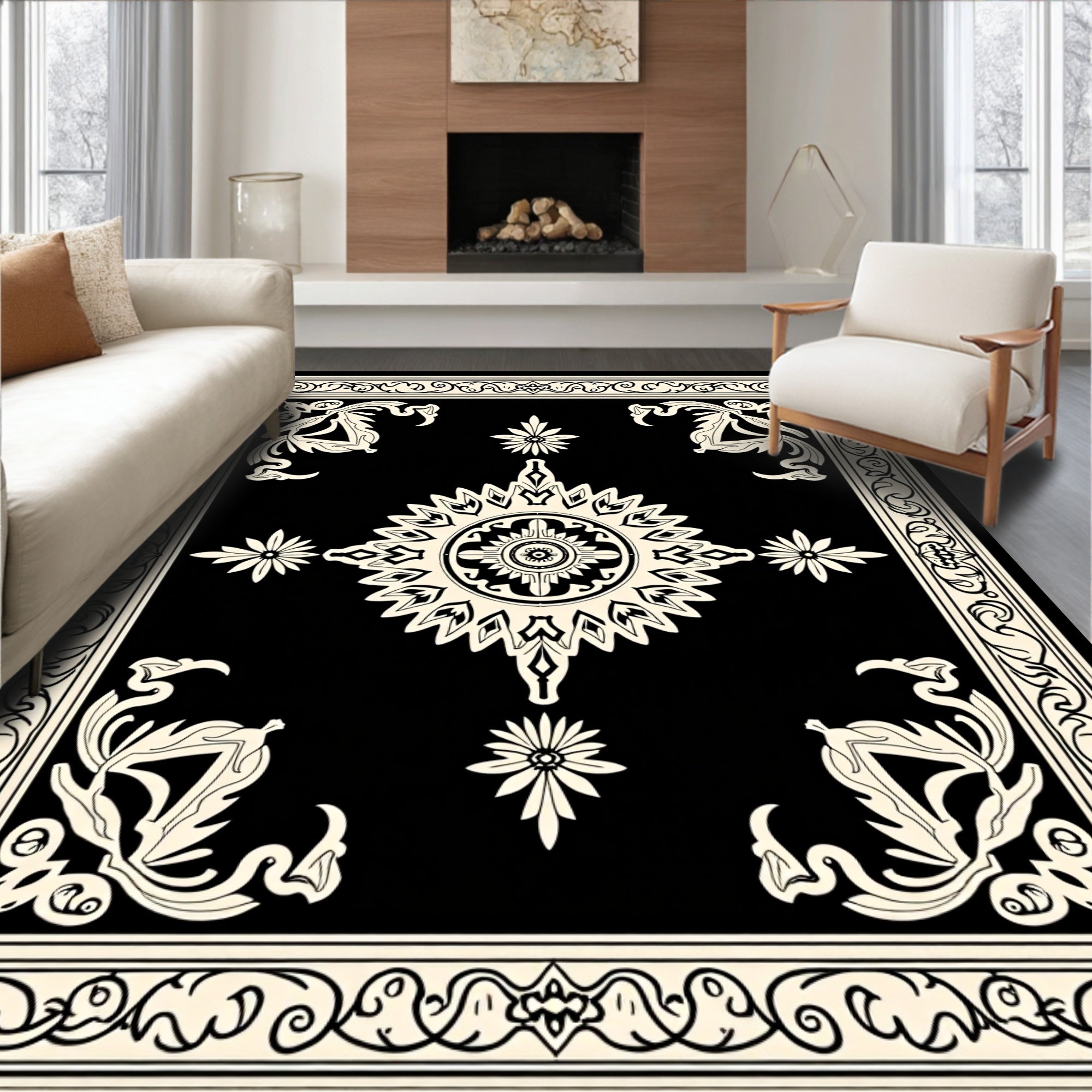 Black Cream Floral Mandala Pattern Rug