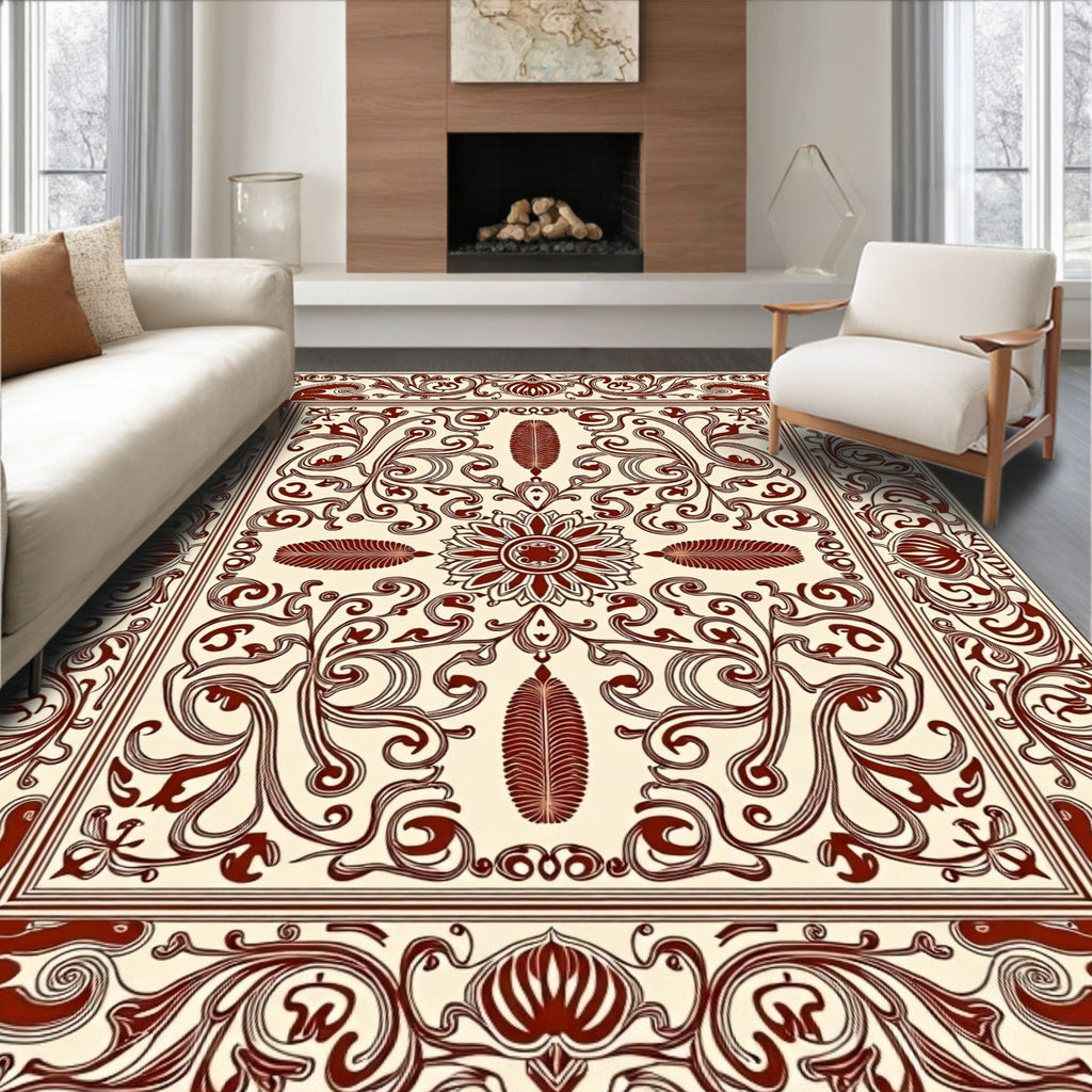 Brown Ornamental Flourish Damask Pattern Rug