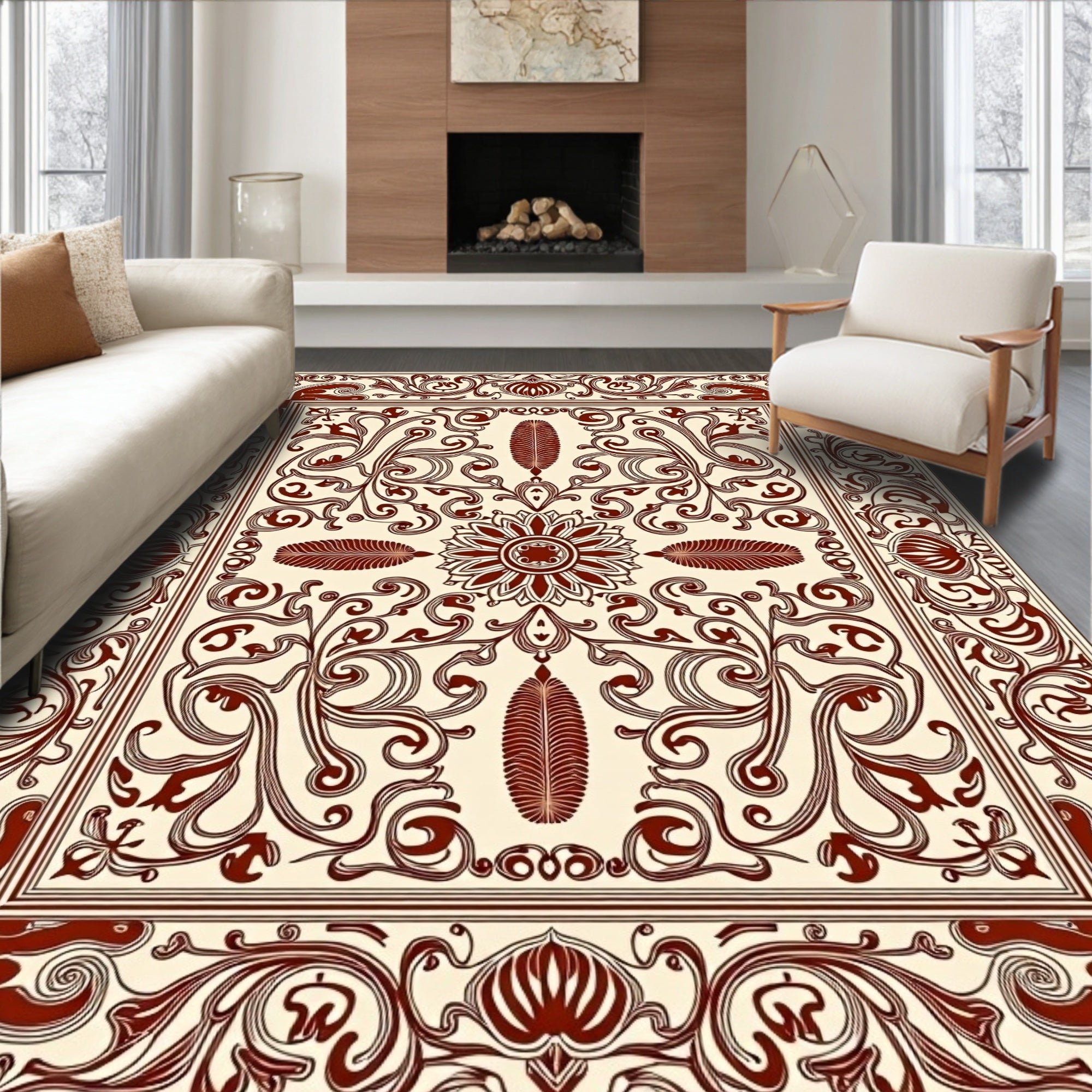 Brown Ornamental Flourish Damask Pattern Rug