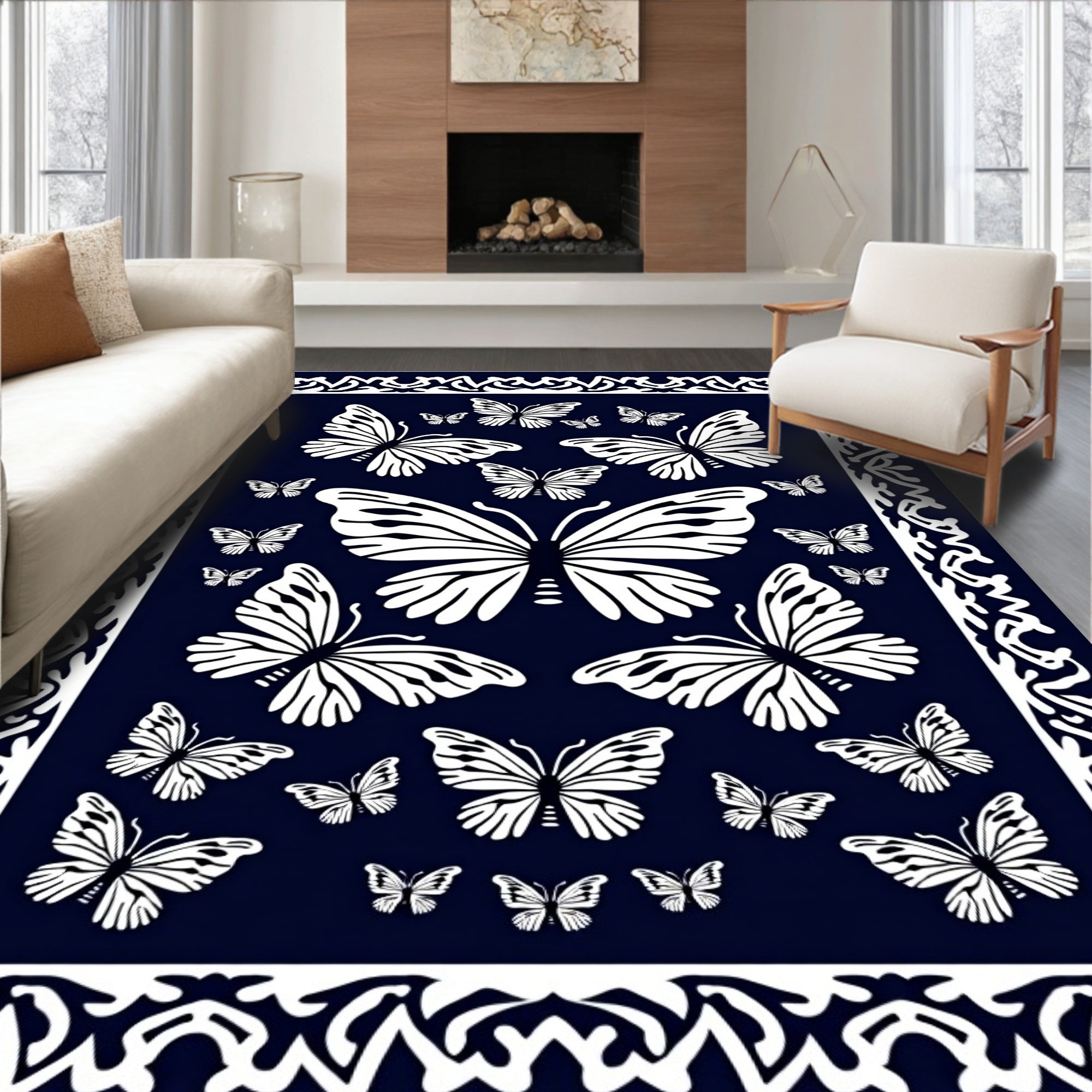 Monarch Butterfly Patterned Border Design Rug