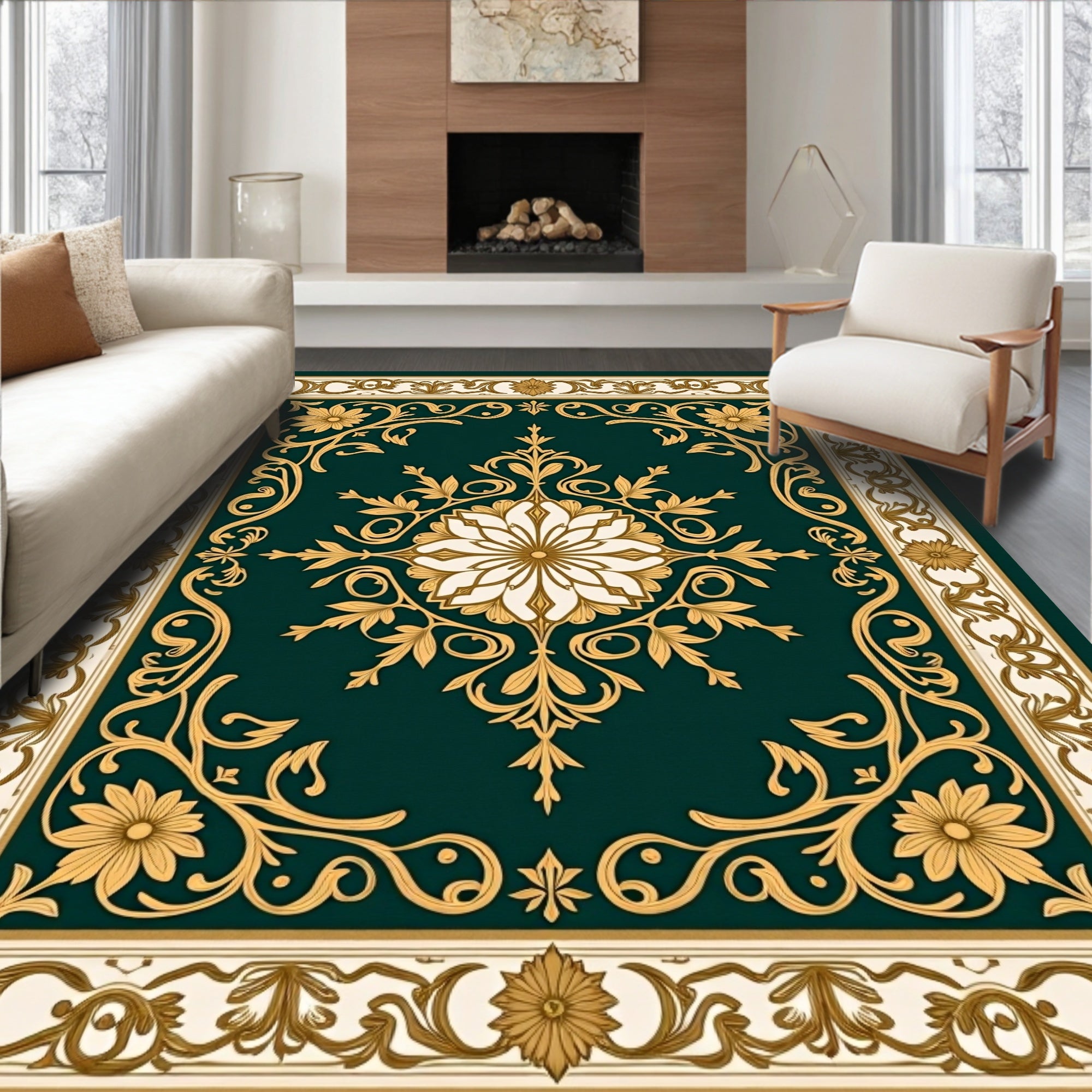 Ornate Teal Gold Floral Medallion Rug