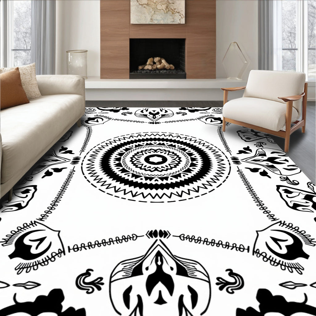 Bold Black White Floral Mandala Design Rug
