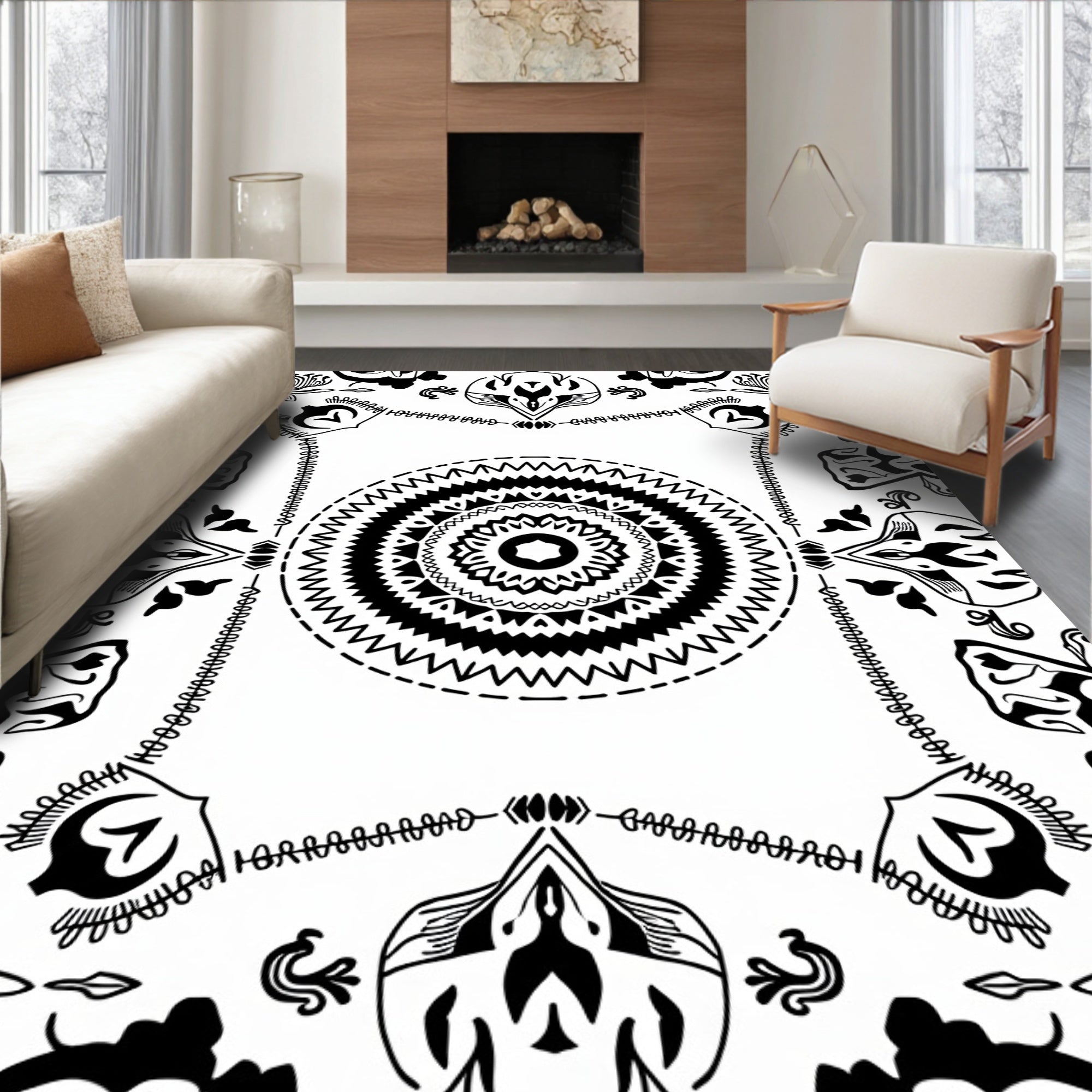 Bold Black White Floral Mandala Design Rug
