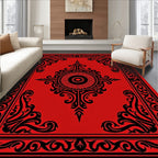 Bold Black Scrollwork Red Rug