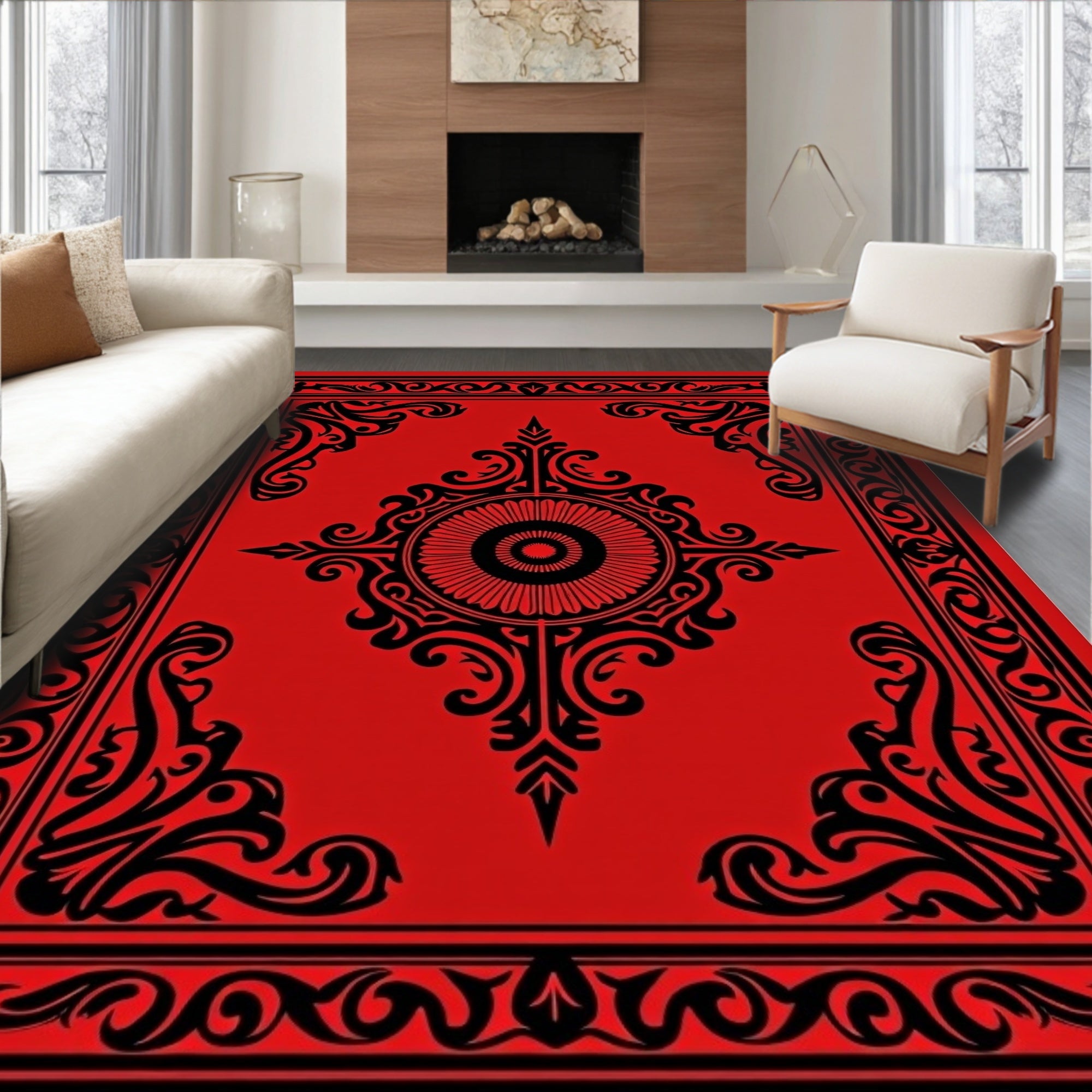 Bold Black Scrollwork Red Rug