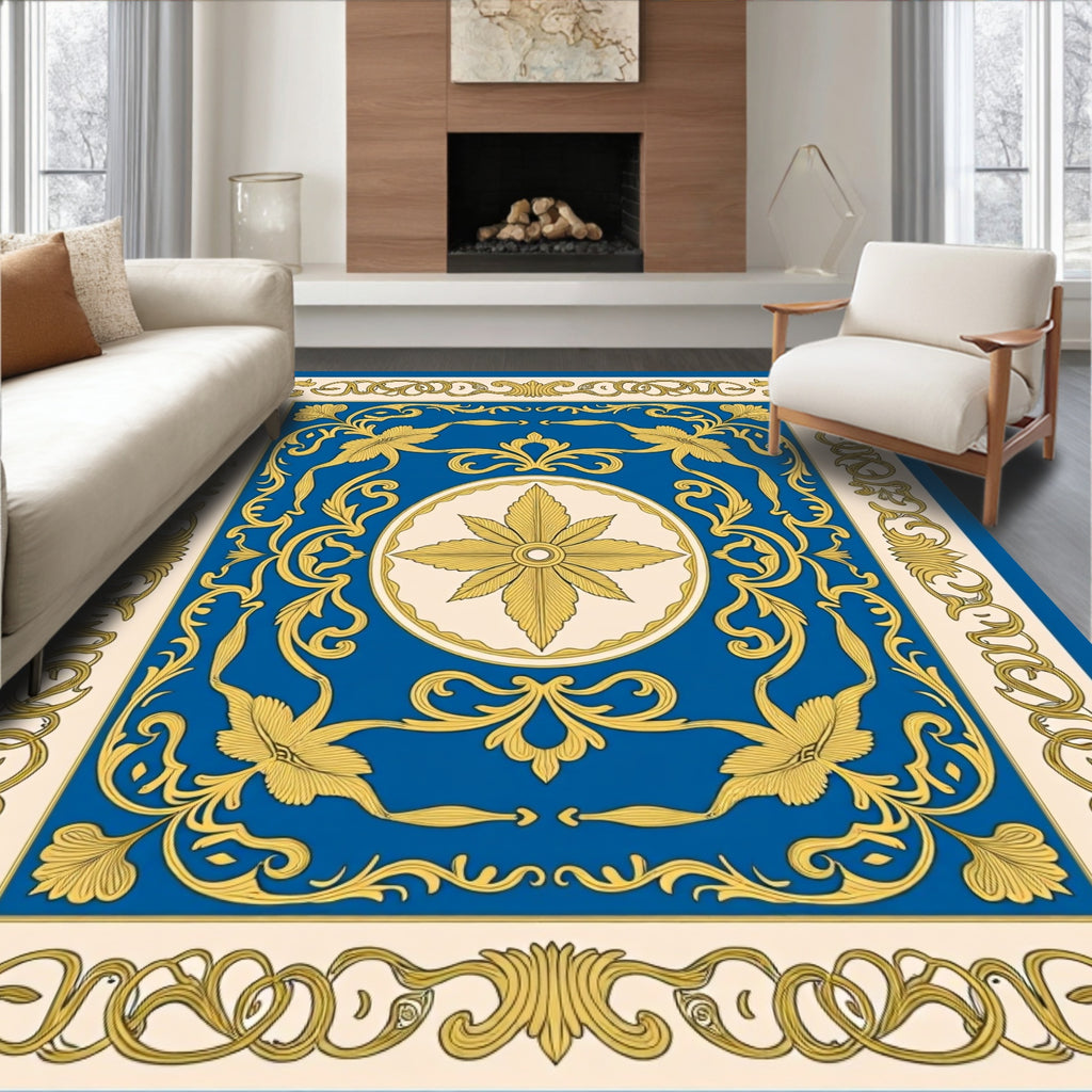 Blue And Gold Floral Scrollwork Rug