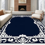 Ornate White Scrollwork Border Design Rug