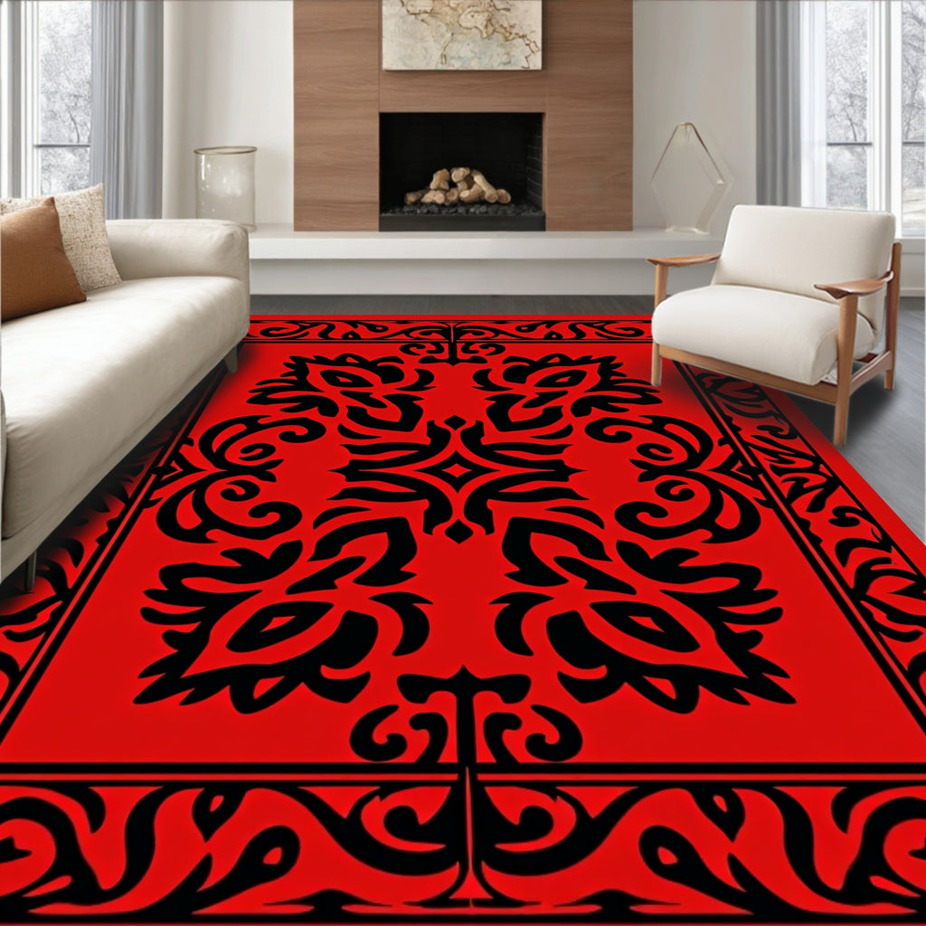 Ornate Black Floral Red Pattern Rug