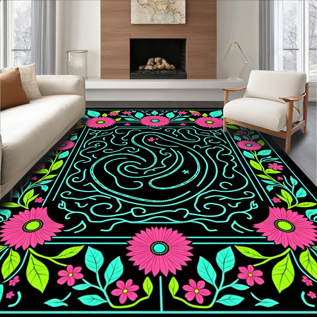 Bright Floral Swirl Vibrant Line Art Rug
