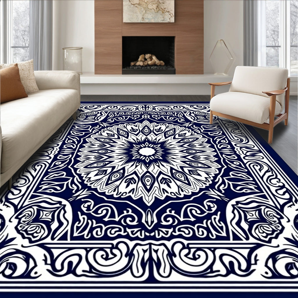 Dark Blue Intricate Floral Mandala Rug