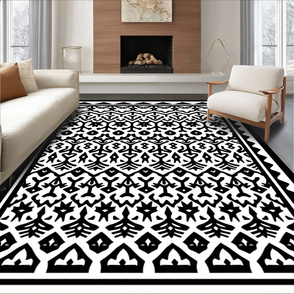 Intricate Tribal Geometric Black And White Rug