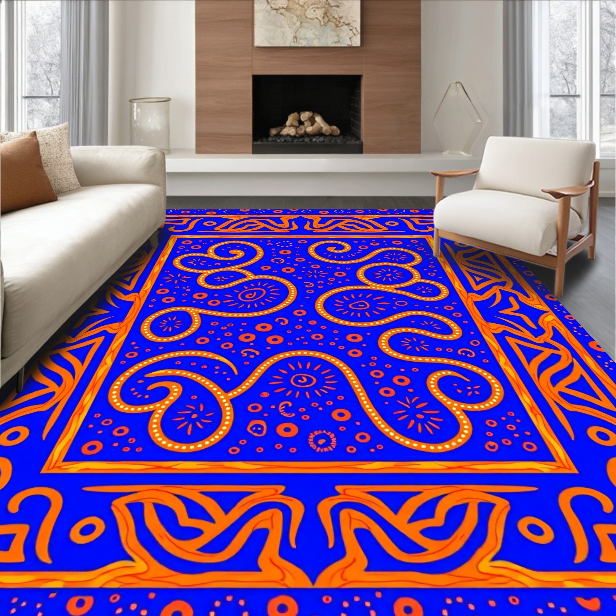 Bold Blue Orange Swirl Pattern Rug