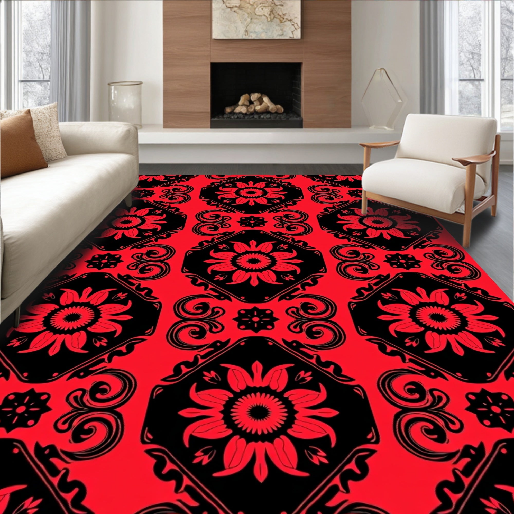 Red Floral And Scroll Pattern Rug