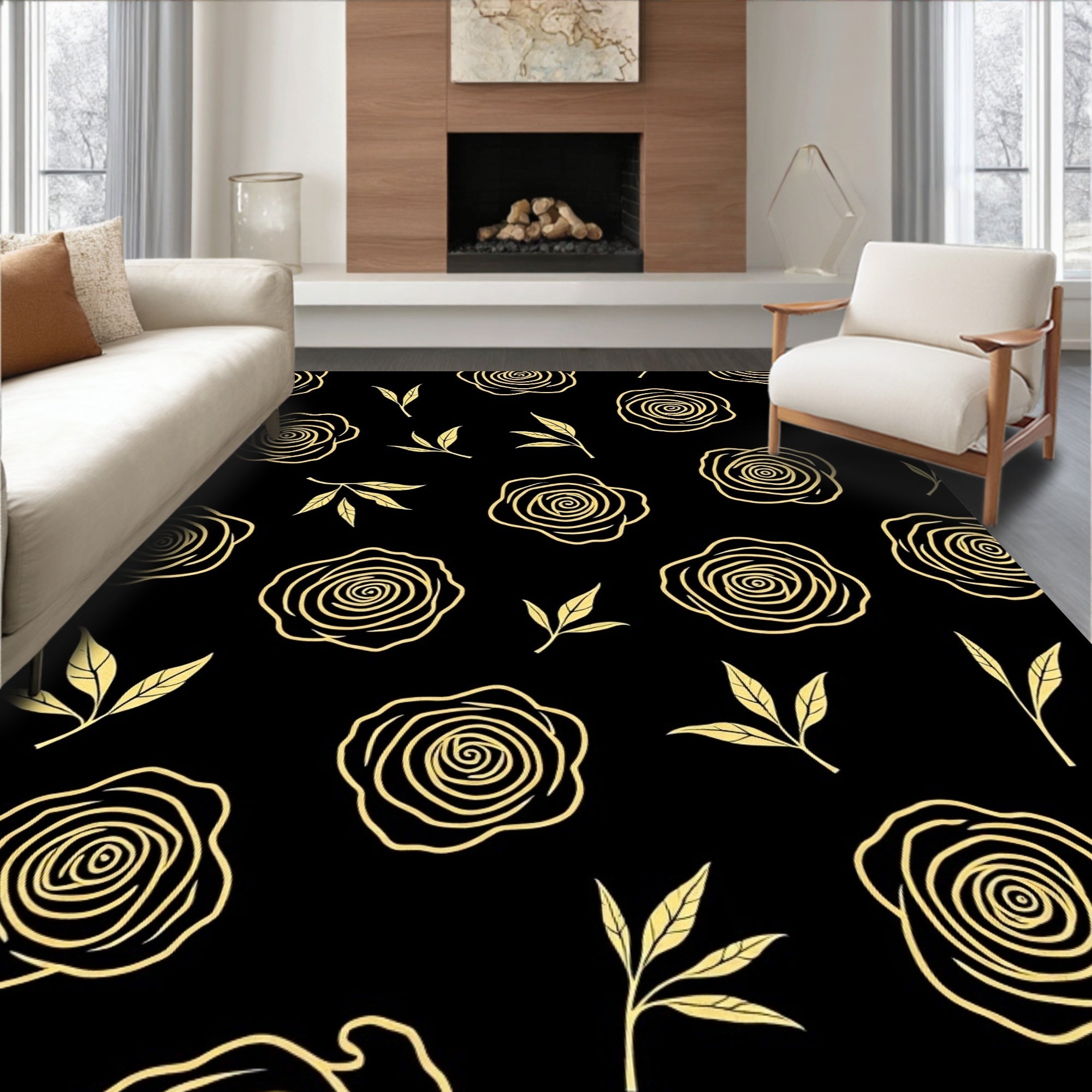 Gold Rose Botanical Pattern Rug