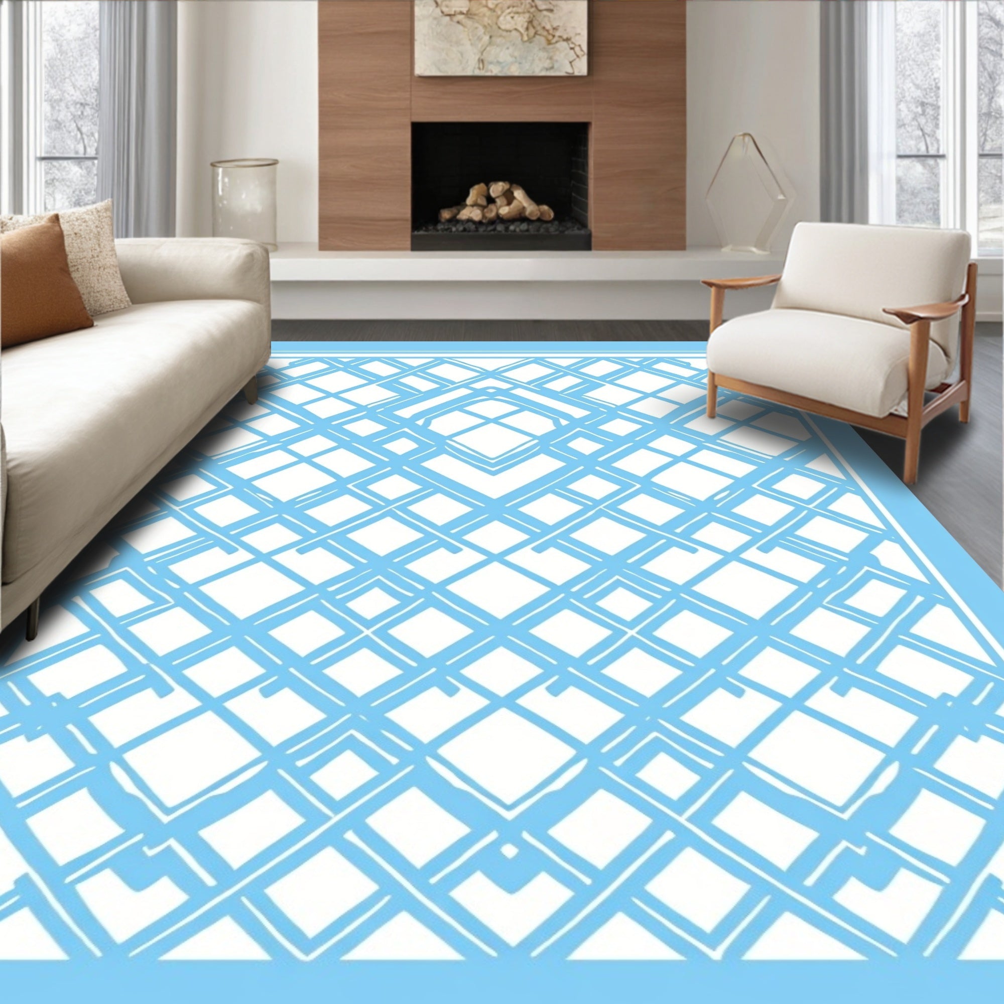 Abstract Blue Geometric Lattice Pattern Rug